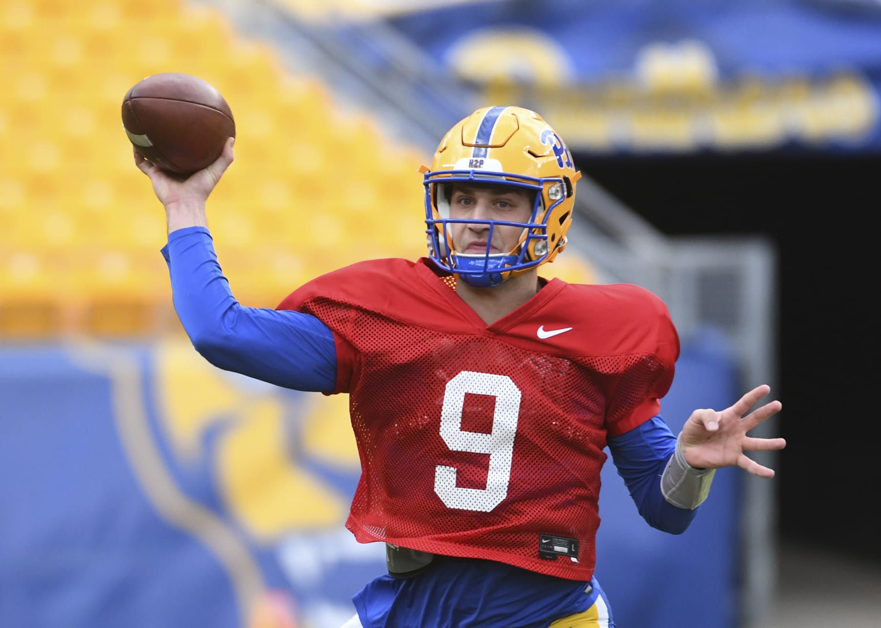 Pittsburgh quarterback Kedon Slovis (9) throws a pass during their annual NCAA football intrasquad Blue-Gold scrimmage game, Saturday, April 9, 2022, in Pittsburgh. (AP Photo/Philip G. Pavely)