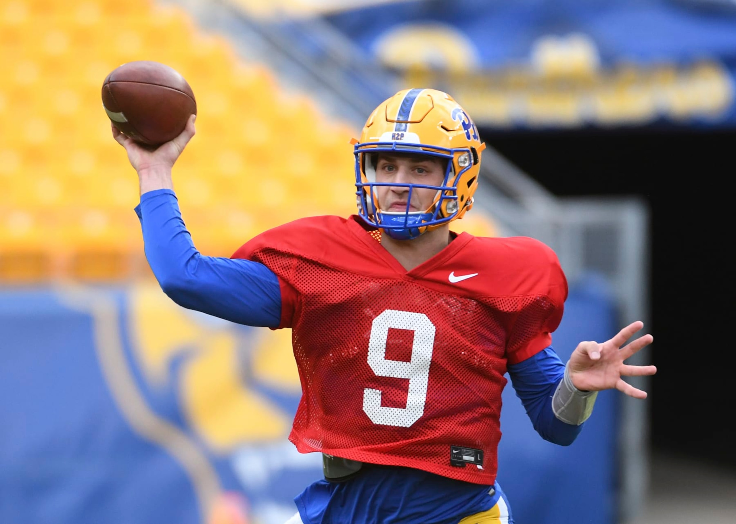 Pittsburgh quarterback Kedon Slovis (9) throws a pass during their annual NCAA football intrasquad Blue-Gold scrimmage game, Saturday, April 9, 2022, in Pittsburgh. (AP Photo/Philip G. Pavely)