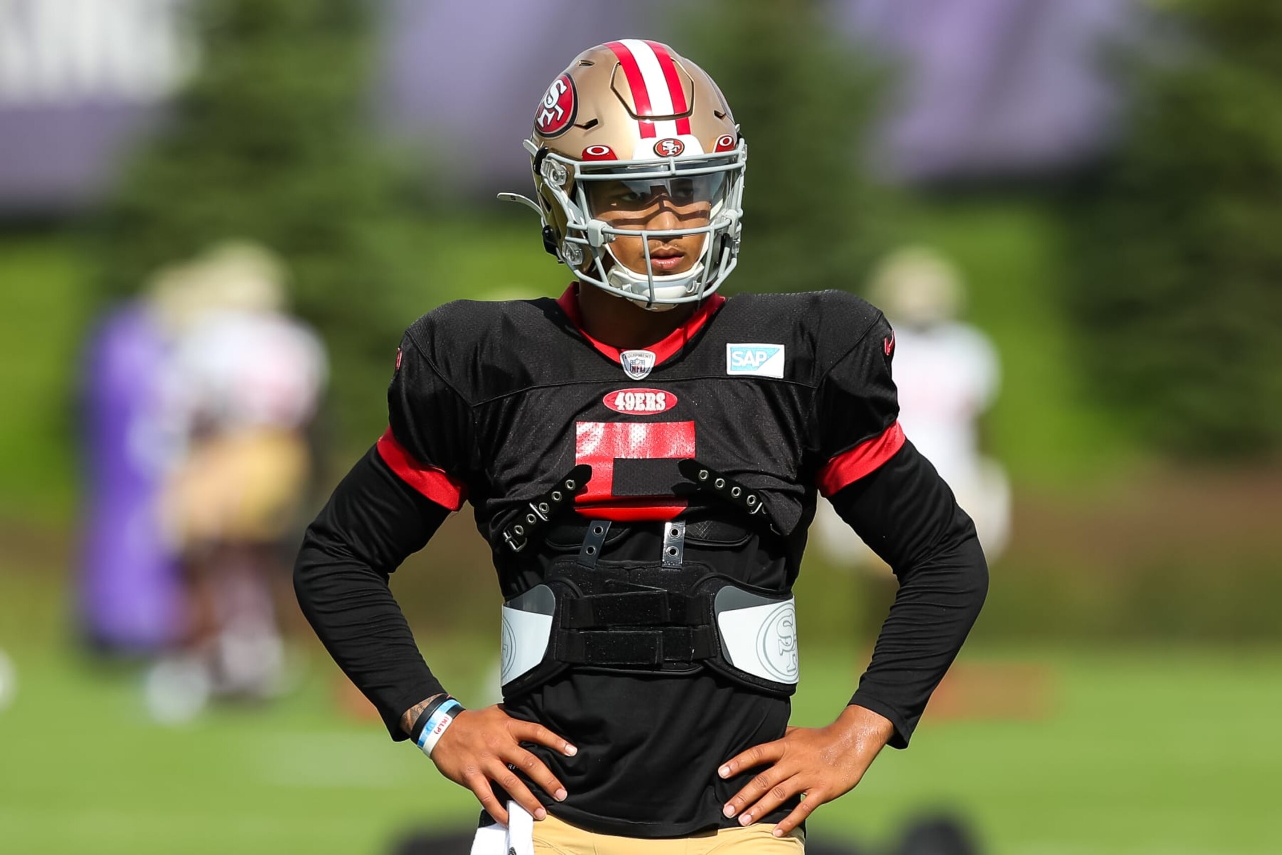 EAGAN, MN - AUGUST 18: Trey Lance #5 of the San Francisco 49ers looks on during a joint practice with the Minnesota Vikings at training camp at TCO Performance Center on August 18, 2022 in Eagan, Minnesota. (Photo by David Berding/Getty Images)