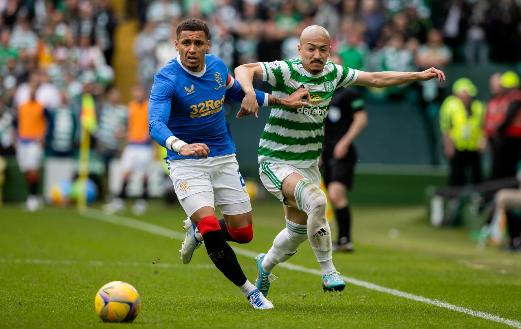 GLASGOW, SCOTLAND - MAY 01: James Tavernier and Daizen Maeda during a cinch Premiership match between Celtic and Rangers at Celtic Park, on May 01, 2022, in Glasgow, Scotland.  (Photo by Craig Williamson/SNS Group via Getty Images)