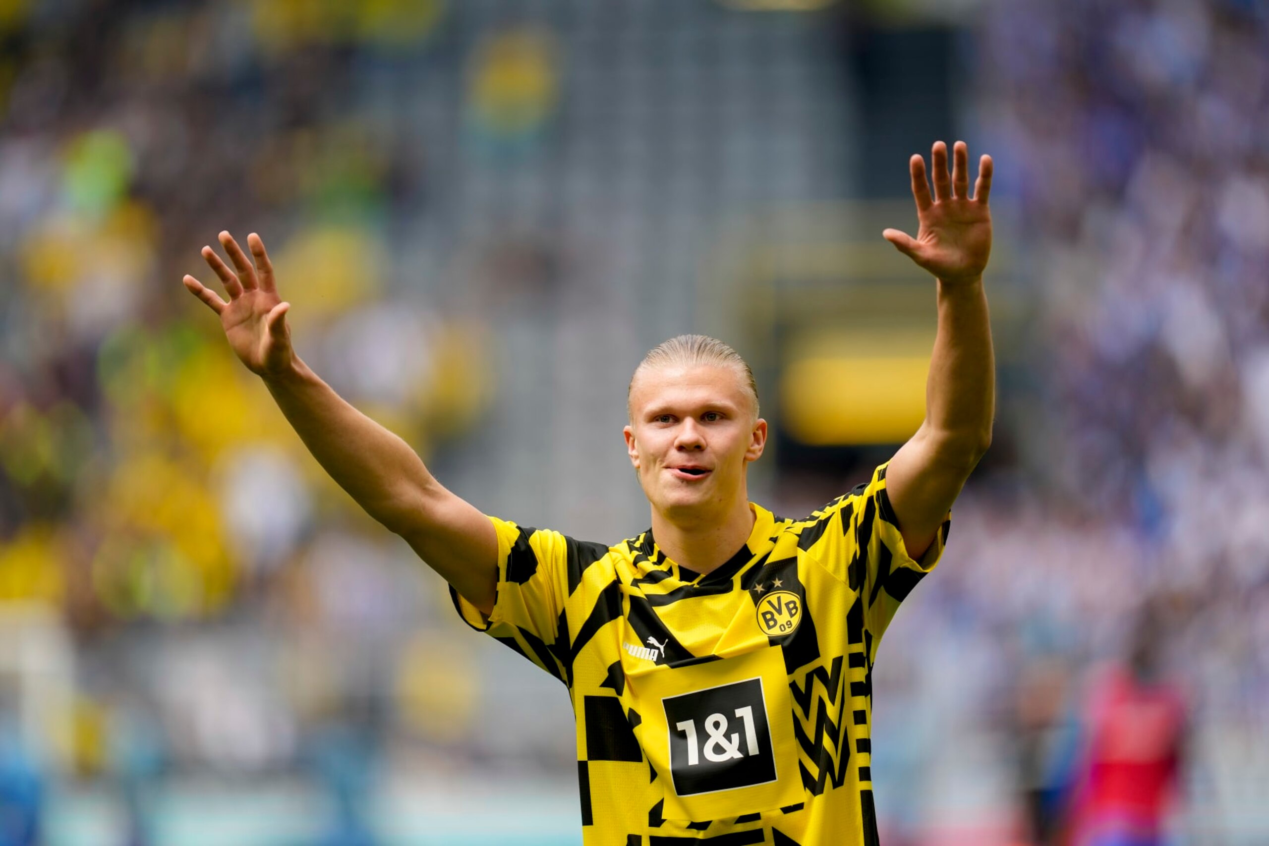 DORTMUND, GERMANY - MAY 14: Erling Haaland of Borussia Dortmund says goodbye to the fans prior to the Bundesliga match between Borussia Dortmund and Hertha BSC at Signal Iduna Park on May 14, 2022 in Dortmund, Germany. (Photo by Alex Gottschalk/vi/DeFodi Images via Getty Images)