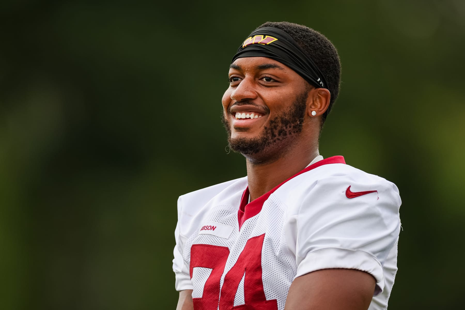 ASHBURN, VA - AUGUST 17: Antonio Gibson #24 of the Washington Commanders participates in a drill during training camp at INOVA Sports Performance Center on August 17, 2022 in Ashburn, Virginia. (Photo by Scott Taetsch/Getty Images)