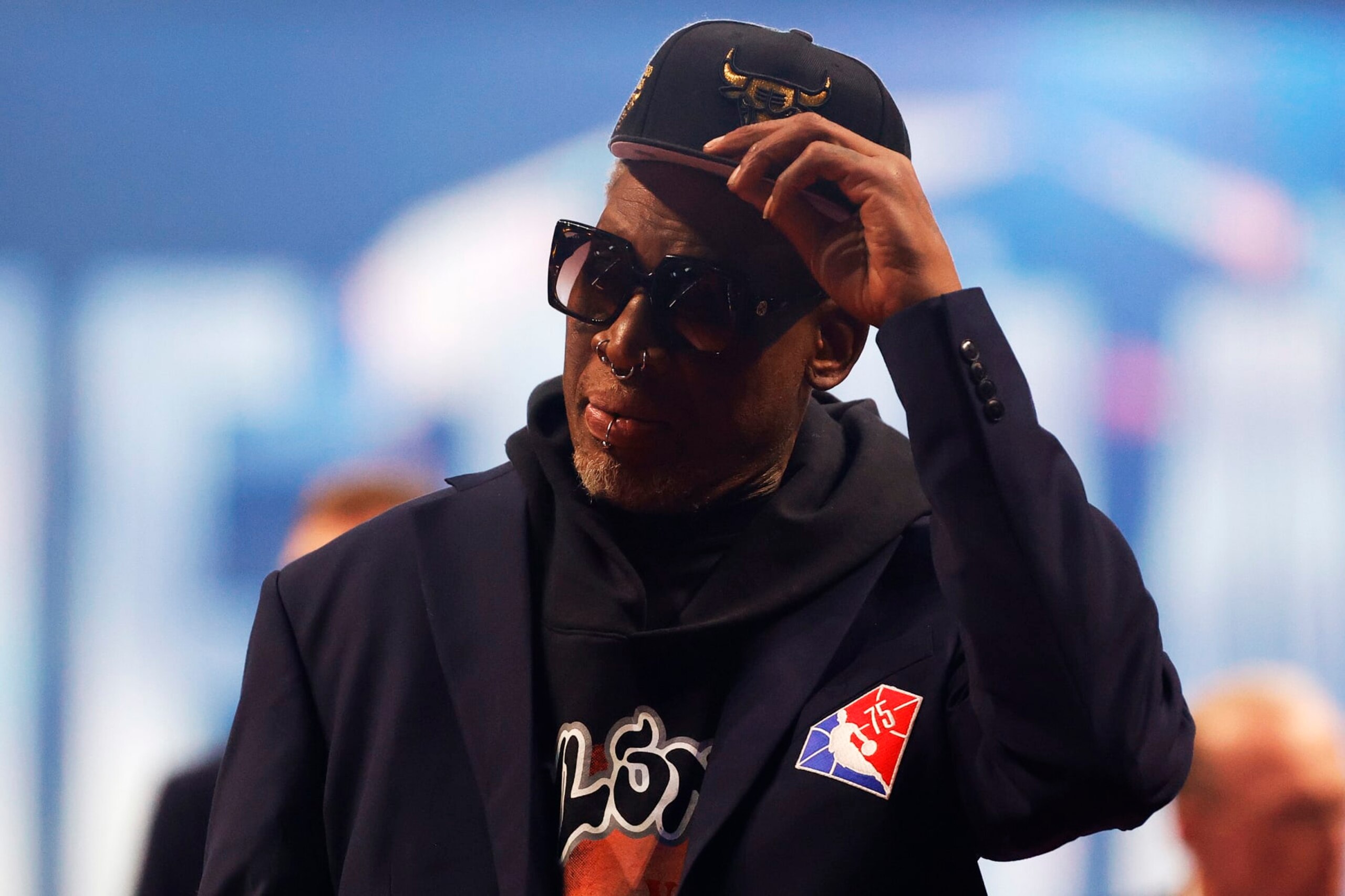CLEVELAND, OHIO - FEBRUARY 20: Dennis Rodman reacts after being introduced as part of the NBA 75th Anniversary Team during the 2022 NBA All-Star Game at Rocket Mortgage Fieldhouse on February 20, 2022 in Cleveland, Ohio. NOTE TO USER: User expressly acknowledges and agrees that, by downloading and or using this photograph, User is consenting to the terms and conditions of the Getty Images License Agreement. (Photo by Tim Nwachukwu/Getty Images) CLEVELAND, OHIO - FEBRUARY 20: Dennis Rodman reacts after being introduced as part of the NBA 75th Anniversary Team during the 2022 NBA All-Star Game at Rocket Mortgage Fieldhouse on February 20, 2022 in Cleveland, Ohio. NOTE TO USER: User expressly acknowledges and agrees that, by downloading and or using this photograph, User is consenting to the terms and conditions of the Getty Images License Agreement. (Photo by Tim Nwachukwu/Getty Images)