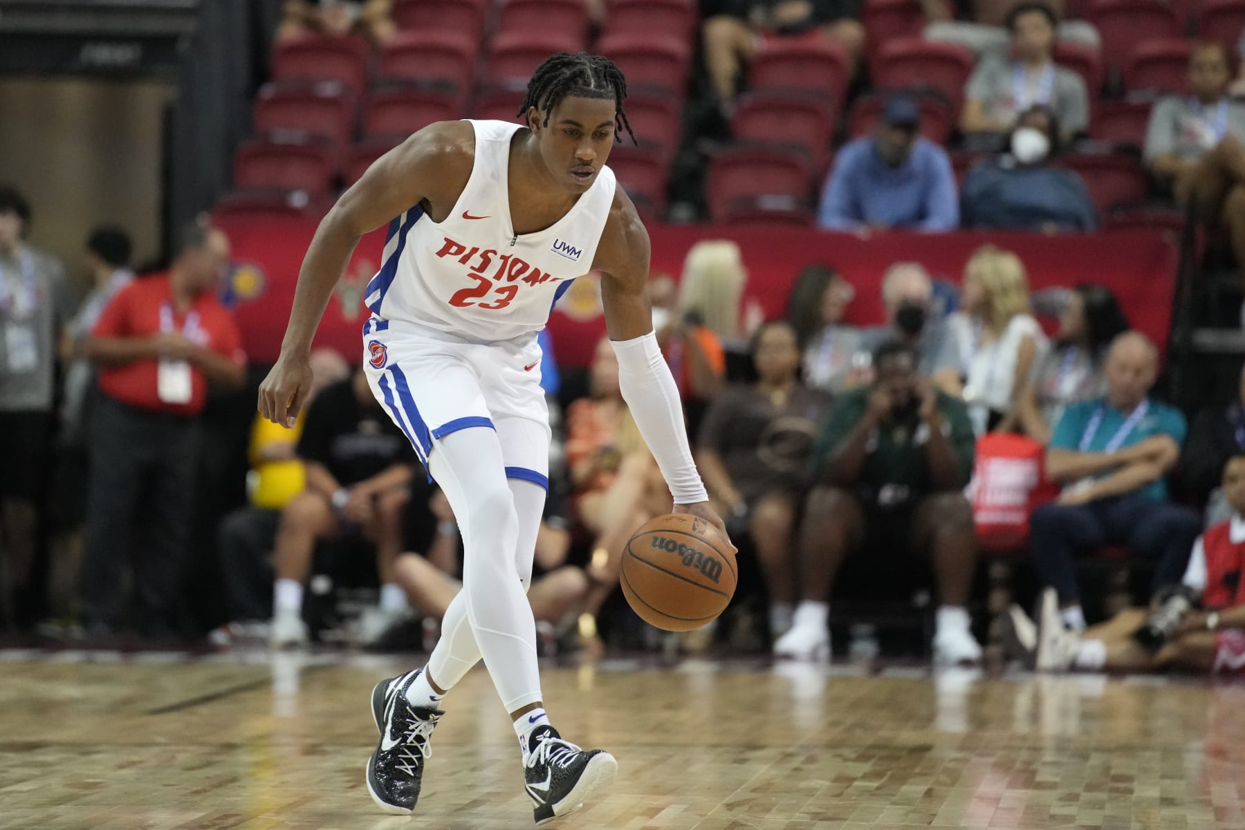 Detroit Pistons' Jaden Ivey plays against the Portland Trail Blazers during an NBA summer league basketball game Thursday, July 7, 2022, in Las Vegas. (AP Photo/John Locher)