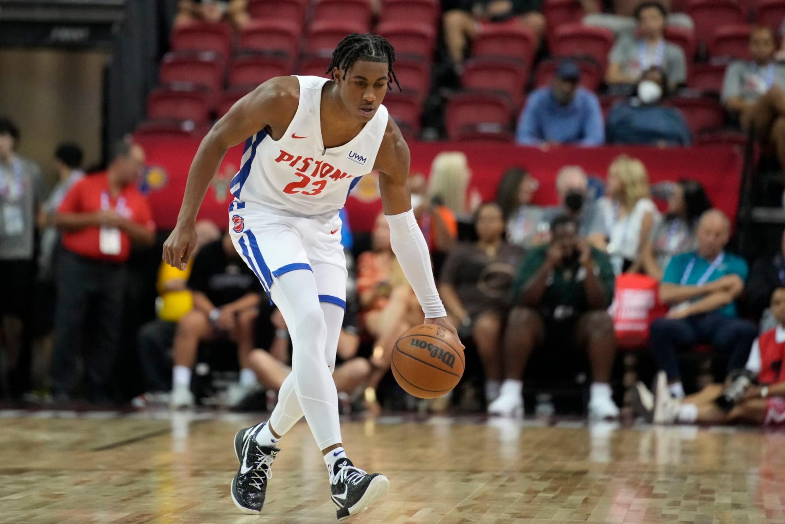 Detroit Pistons' Jaden Ivey plays against the Portland Trail Blazers during an NBA summer league basketball game Thursday, July 7, 2022, in Las Vegas. (AP Photo/John Locher) Detroit Pistons' Jaden Ivey plays against the Portland Trail Blazers during an NBA summer league basketball game Thursday, July 7, 2022, in Las Vegas. (AP Photo/John Locher)