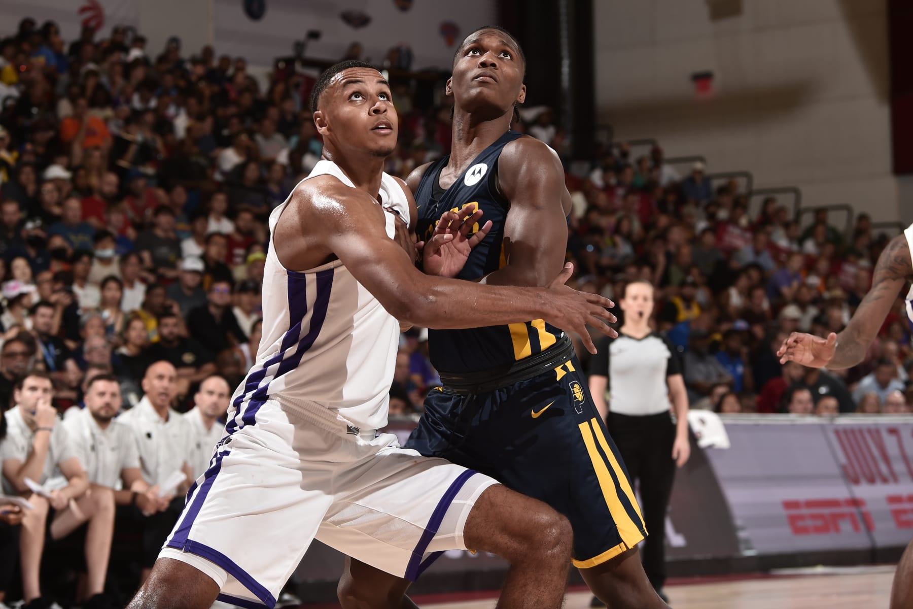 LAS VEGAS, NV - JULY 10: Keegan Murray #13 of the Sacramento Kings boxes out against the Indiana Pacers during the 2022 Las Vegas Summer League on July 10, 2022 at the Cox Pavilion in Las Vegas, Nevada NOTE TO USER: User expressly acknowledges and agrees that, by downloading and/or using this Photograph, user is consenting to the terms and conditions of the Getty Images License Agreement. Mandatory Copyright Notice: Copyright 2022 NBAE (Photo by David Dow/NBAE via Getty Images)