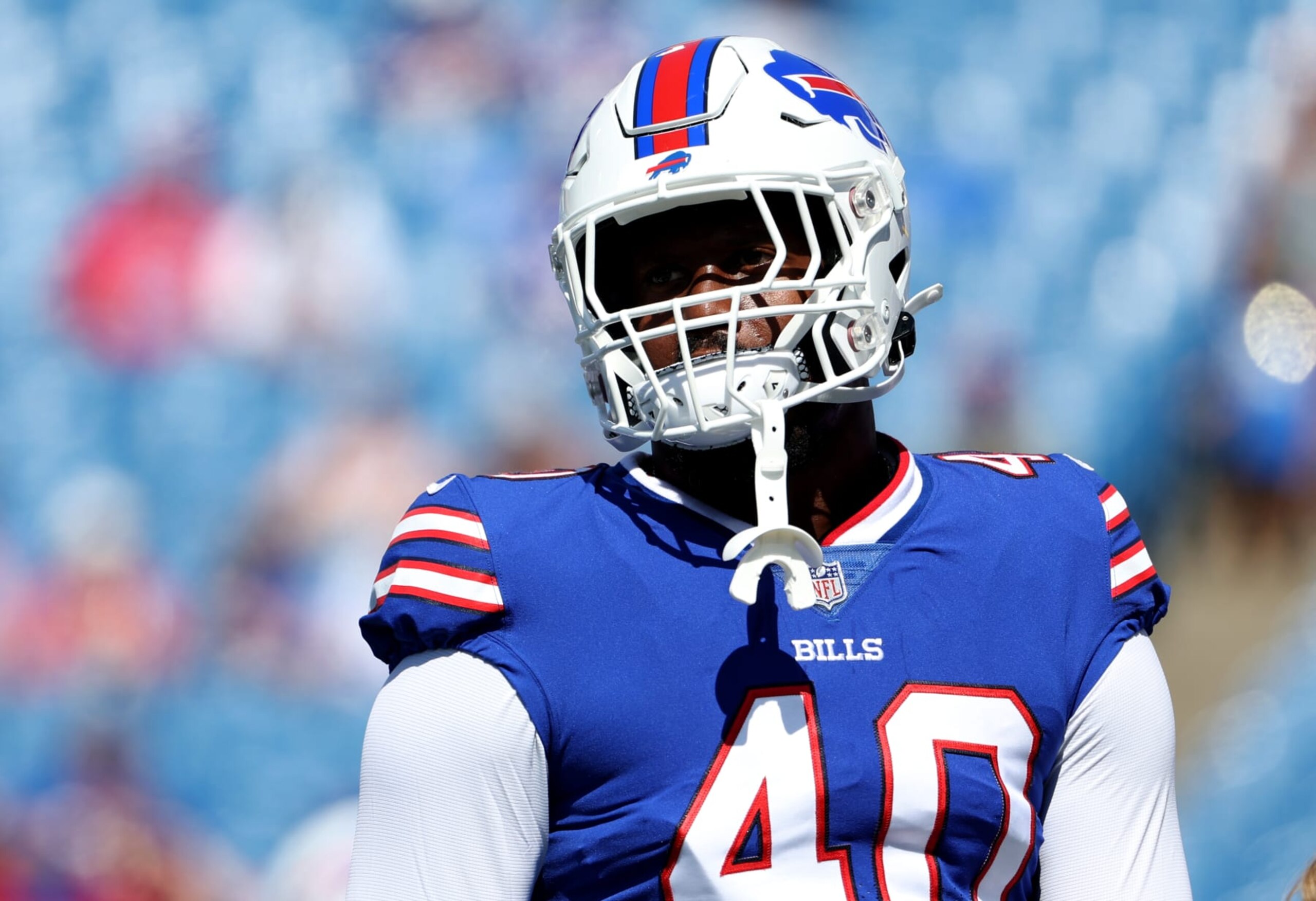 ORCHARD PARK, NY - AUGUST 13: Von Miller #40 of the Buffalo Bills on the field before a preseason game against the Indianapolis Colts at Highmark Stadium on August 13, 2022 in Orchard Park, New York. (Photo by Timothy T Ludwig/Getty Images) ORCHARD PARK, NY - AUGUST 13: Von Miller #40 of the Buffalo Bills on the field before a preseason game against the Indianapolis Colts at Highmark Stadium on August 13, 2022 in Orchard Park, New York. (Photo by Timothy T Ludwig/Getty Images)