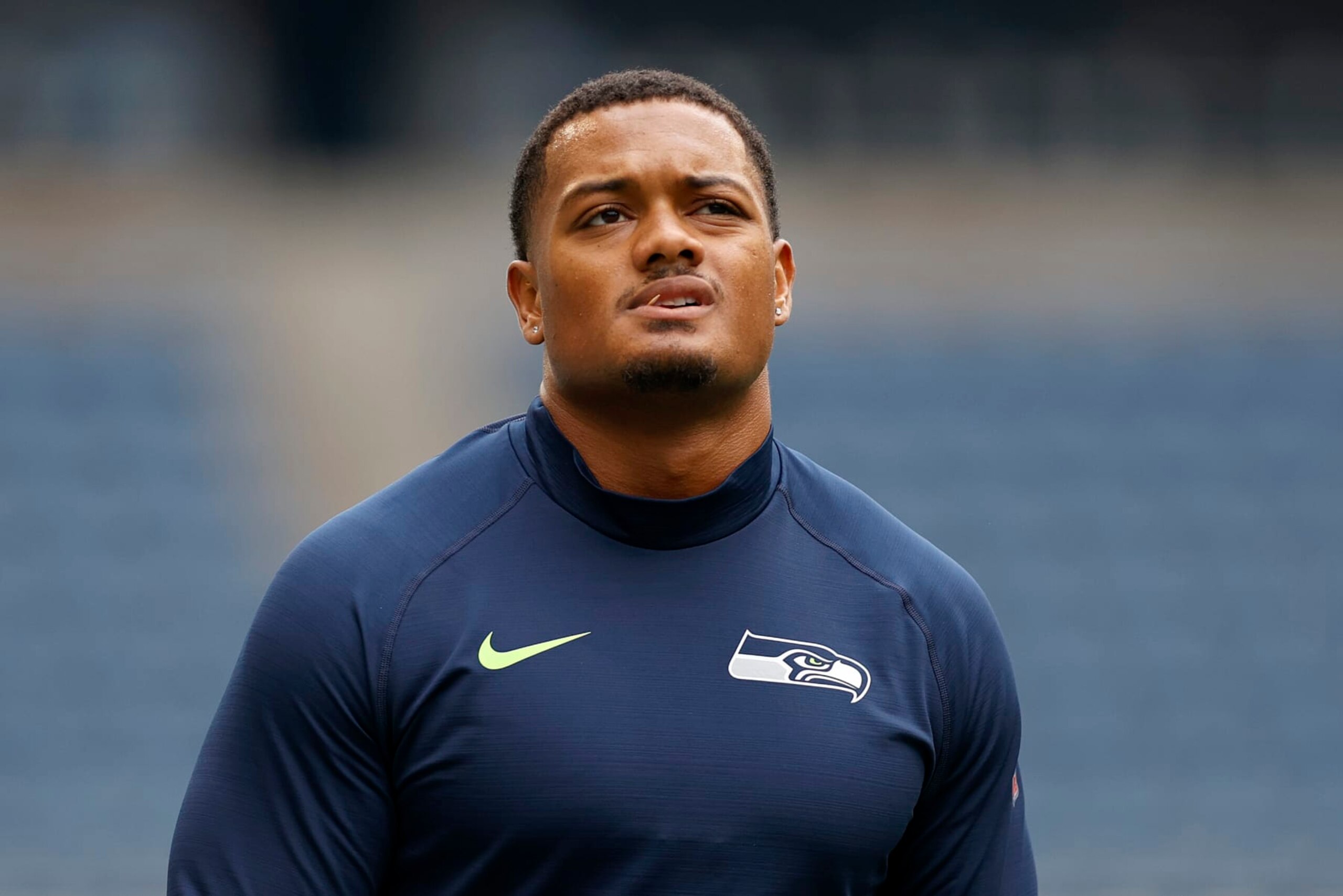SEATTLE, WASHINGTON - AUGUST 18: Noah Fant #87 of the Seattle Seahawks looks on during warmups before the preseason game between the Seattle Seahawks and the Chicago Bears at Lumen Field on August 18, 2022 in Seattle, Washington. (Photo by Steph Chambers/Getty Images)
