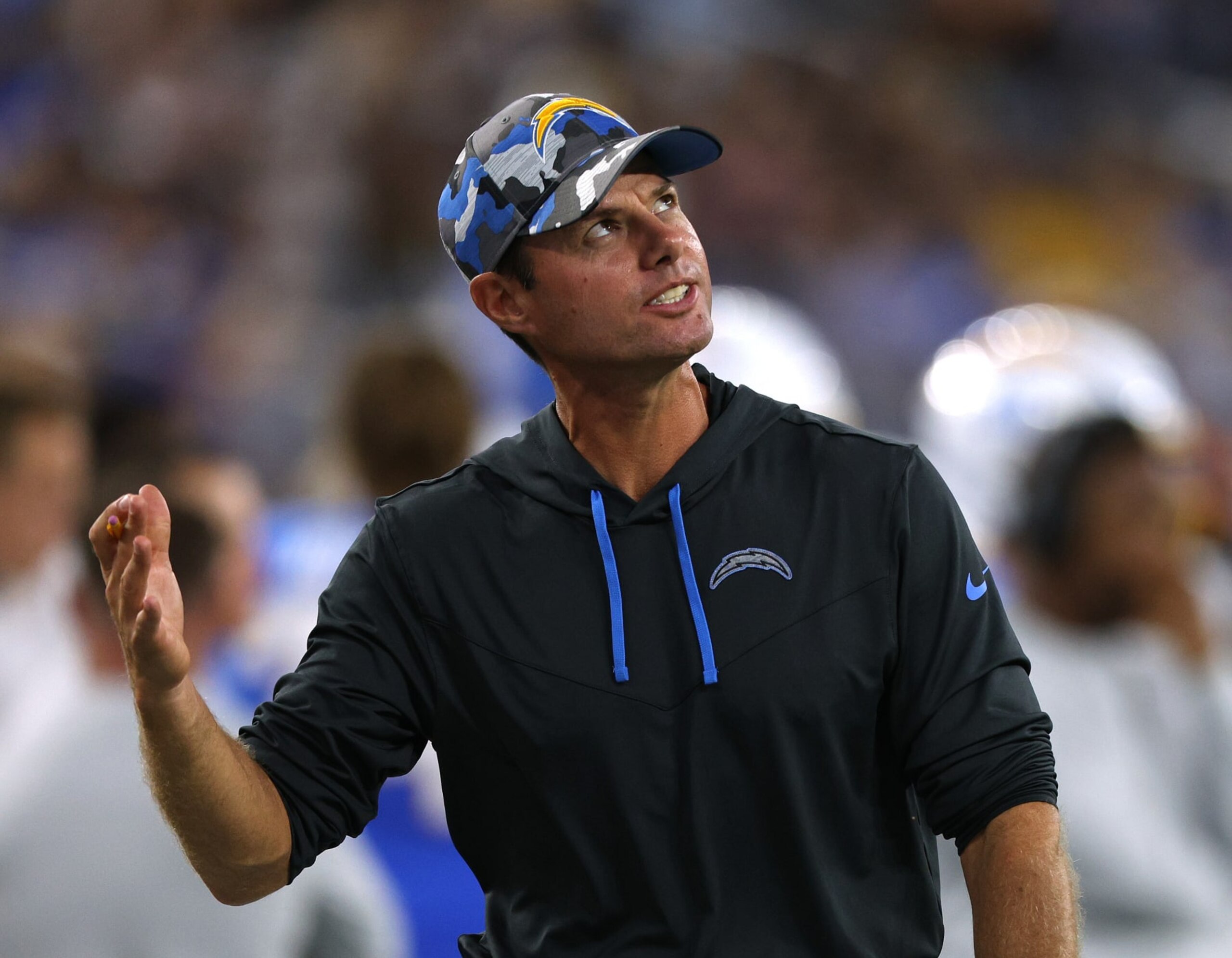 INGLEWOOD, CALIFORNIA - AUGUST 13: Head coach Brandon Staley of the Los Angeles Chargers reacts to a call during a 29-22 loss to the Los Angeles Rams in a preseason game at SoFi Stadium on August 13, 2022 in Inglewood, California. (Photo by Harry How/Getty Images) INGLEWOOD, CALIFORNIA - AUGUST 13: Head coach Brandon Staley of the Los Angeles Chargers reacts to a call during a 29-22 loss to the Los Angeles Rams in a preseason game at SoFi Stadium on August 13, 2022 in Inglewood, California. (Photo by Harry How/Getty Images)