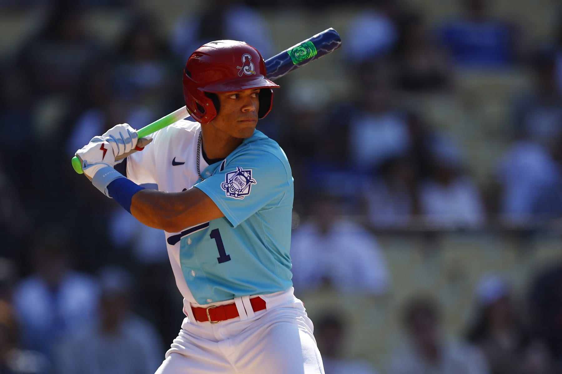 LOS ANGELES, CALIFORNIA - JULY 16: Masyn Winn #1 of the National League at bat during the SiriusXM All-Star Futures Game against the American League at Dodger Stadium on July 16, 2022 in Los Angeles, California. (Photo by Ronald Martinez/Getty Images)