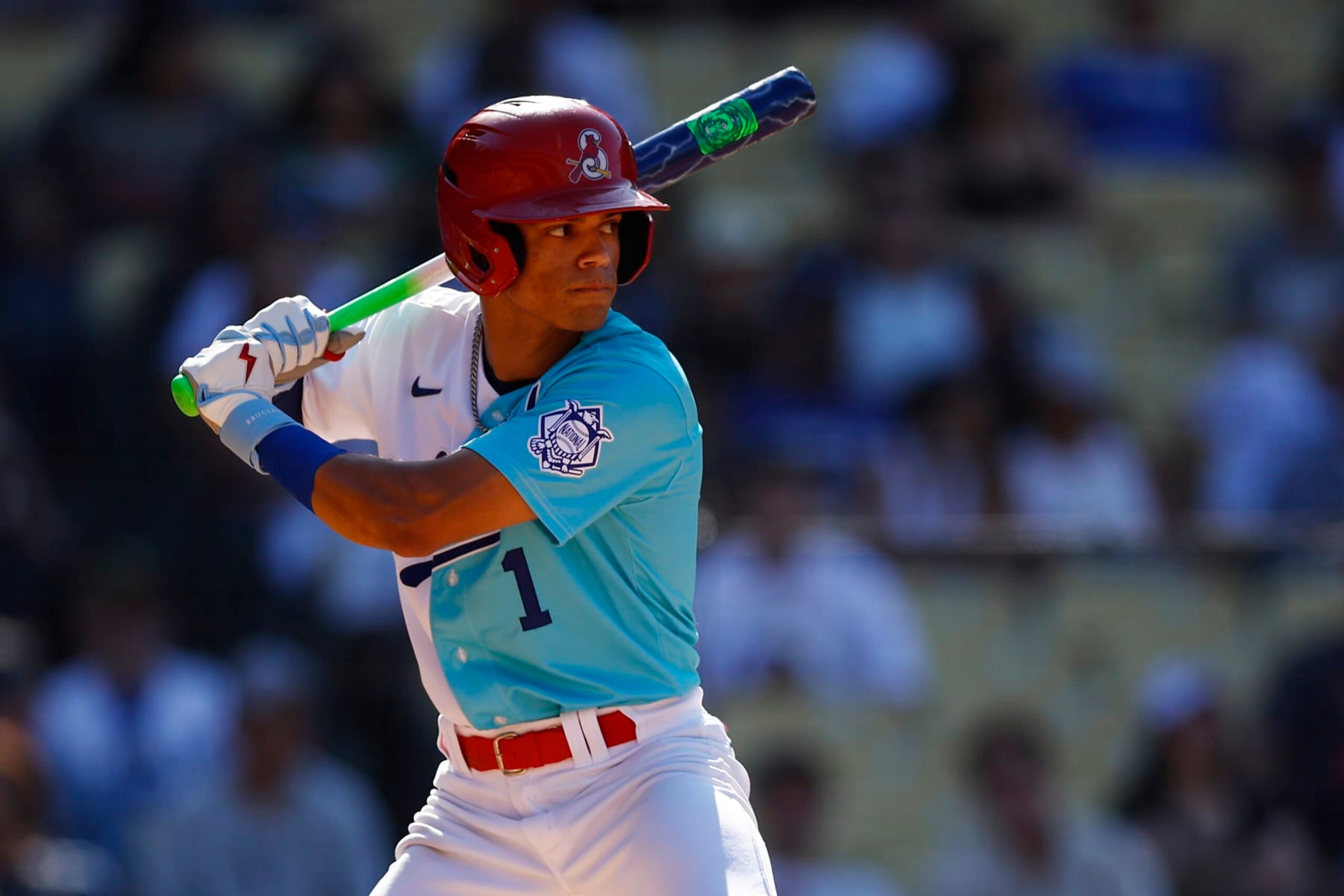 LOS ANGELES, CALIFORNIA - JULY 16: Masyn Winn #1 of the National League at bat during the SiriusXM All-Star Futures Game against the American League at Dodger Stadium on July 16, 2022 in Los Angeles, California. (Photo by Ronald Martinez/Getty Images)