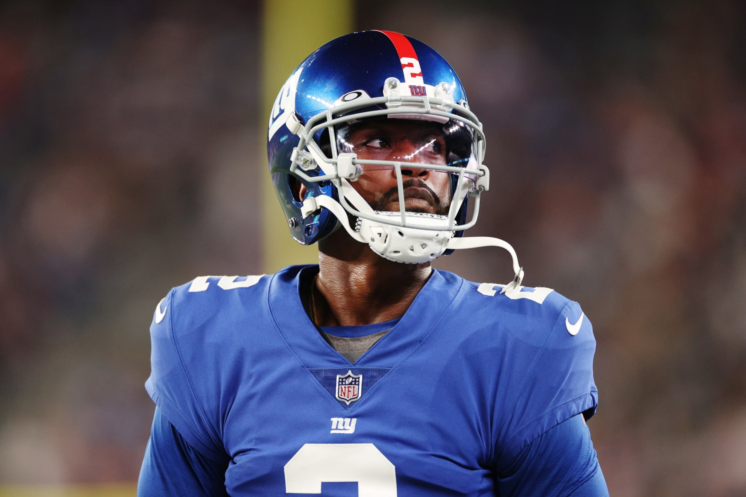 EAST RUTHERFORD, NEW JERSEY - AUGUST 21: Tyrod Taylor #2 of the New York Giants looks on during the first half of a preseason game against the Cincinnati Bengals at MetLife Stadium on August 21, 2022 in East Rutherford, New Jersey. (Photo by Sarah Stier/Getty Images)