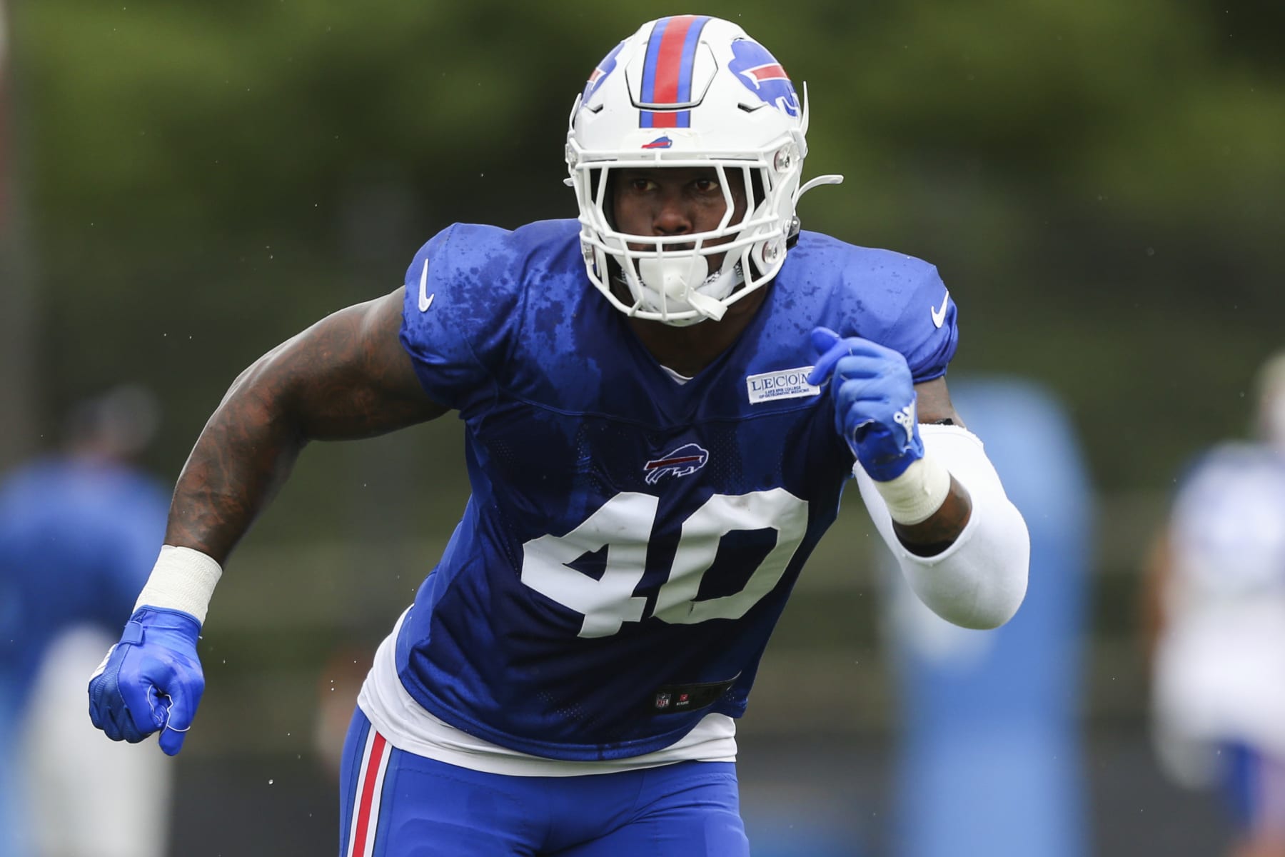 Buffalo Bills defensive end Von Miller (40) takes part in a drill during practice at the NFL football team's training camp in Pittsford, N.Y., Thursday, Aug. 4, 2022. (AP Photo/Joshua Bessex)