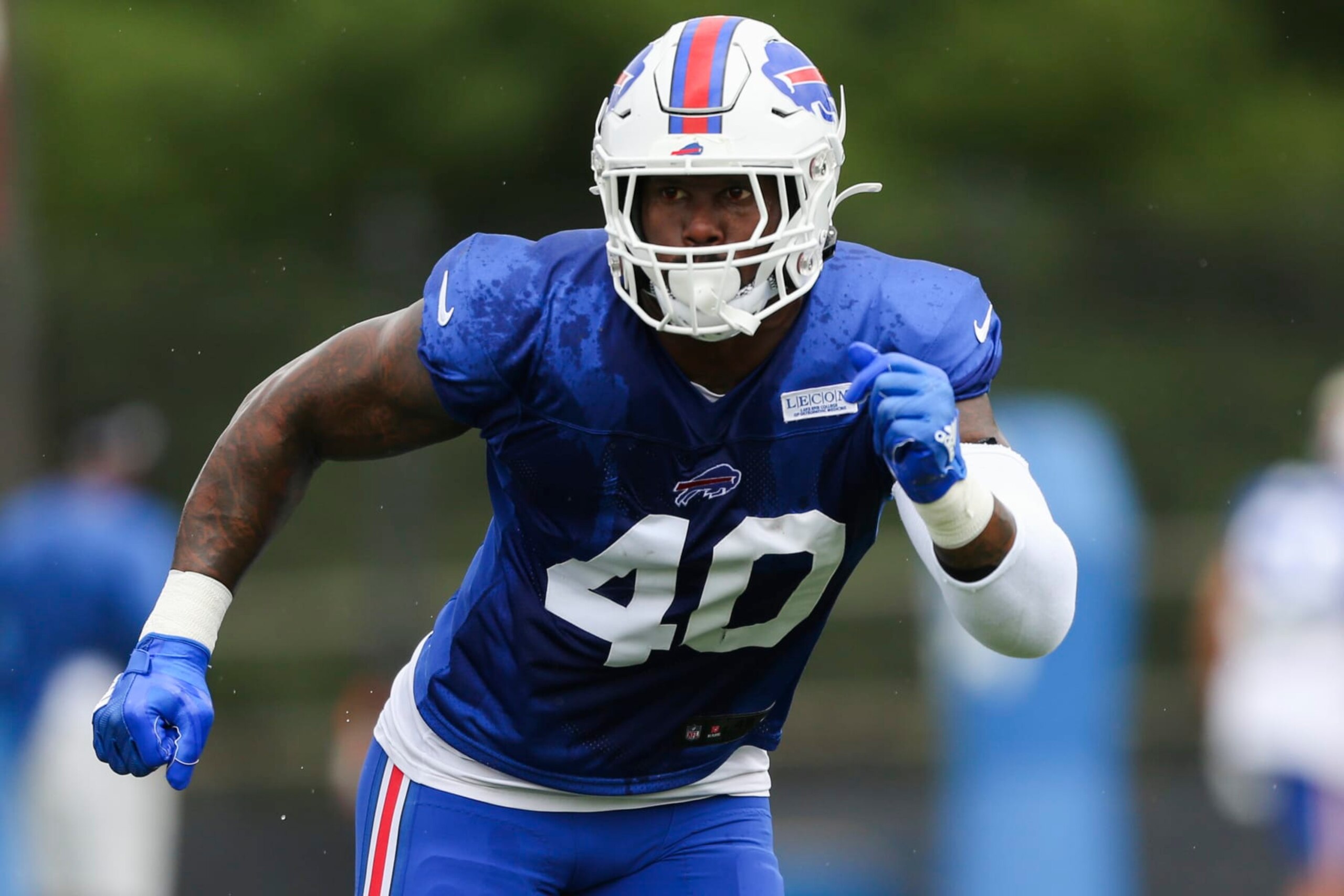 Buffalo Bills defensive end Von Miller (40) takes part in a drill during practice at the NFL football team's training camp in Pittsford, N.Y., Thursday, Aug. 4, 2022. (AP Photo/Joshua Bessex)