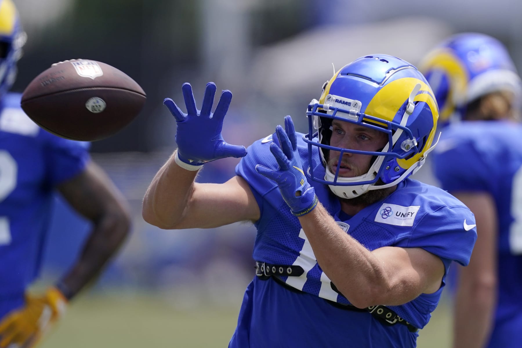 Los Angeles Rams wide receiver Cooper Kupp catches a pass during an NFL football practice Saturday, July 30, 2022, in Irvine, Calif. (AP Photo/Mark J. Terrill)