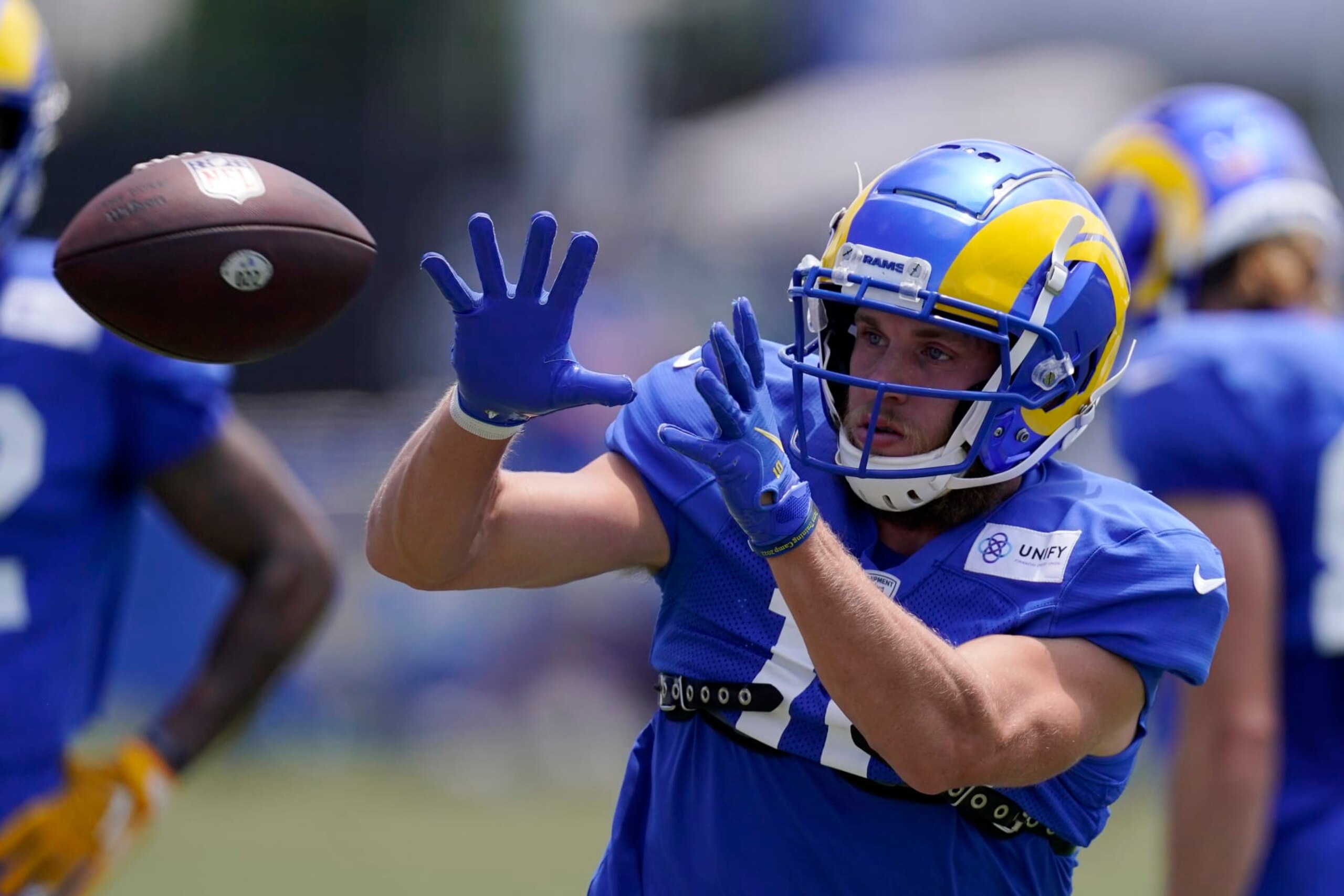 Los Angeles Rams wide receiver Cooper Kupp catches a pass during an NFL football practice Saturday, July 30, 2022, in Irvine, Calif. (AP Photo/Mark J. Terrill)