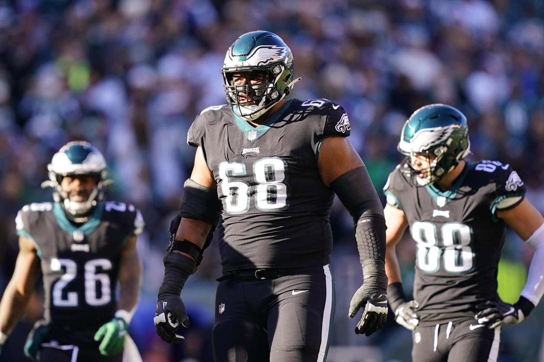 Philadelphia Eagles' Jordan Mailata plays during the first half of an NFL football game against the New York Giants, Sunday, Dec. 26, 2021, in Philadelphia. (AP Photo/Matt Rourke)