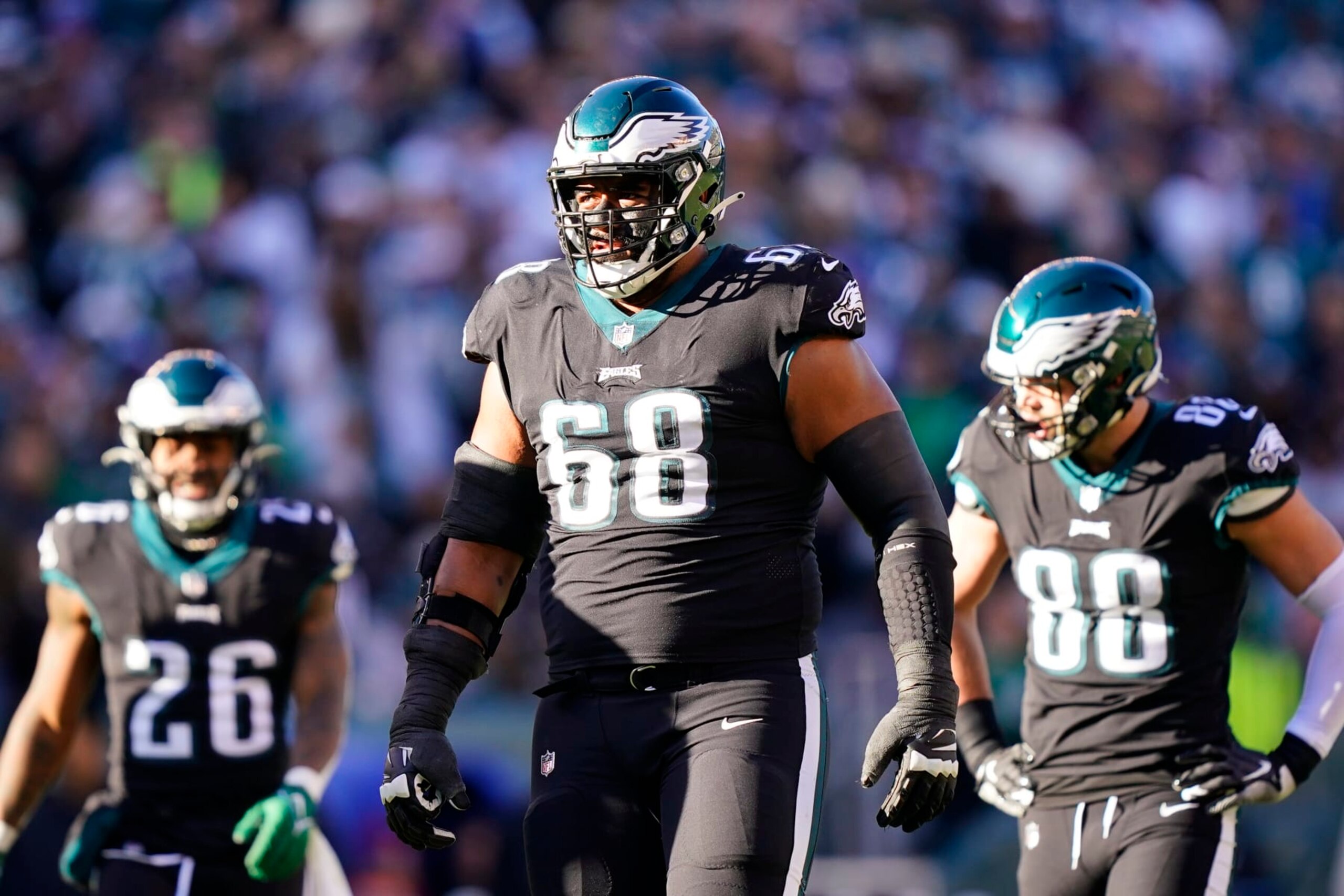 Philadelphia Eagles' Jordan Mailata plays during the first half of an NFL football game against the New York Giants, Sunday, Dec. 26, 2021, in Philadelphia. (AP Photo/Matt Rourke)