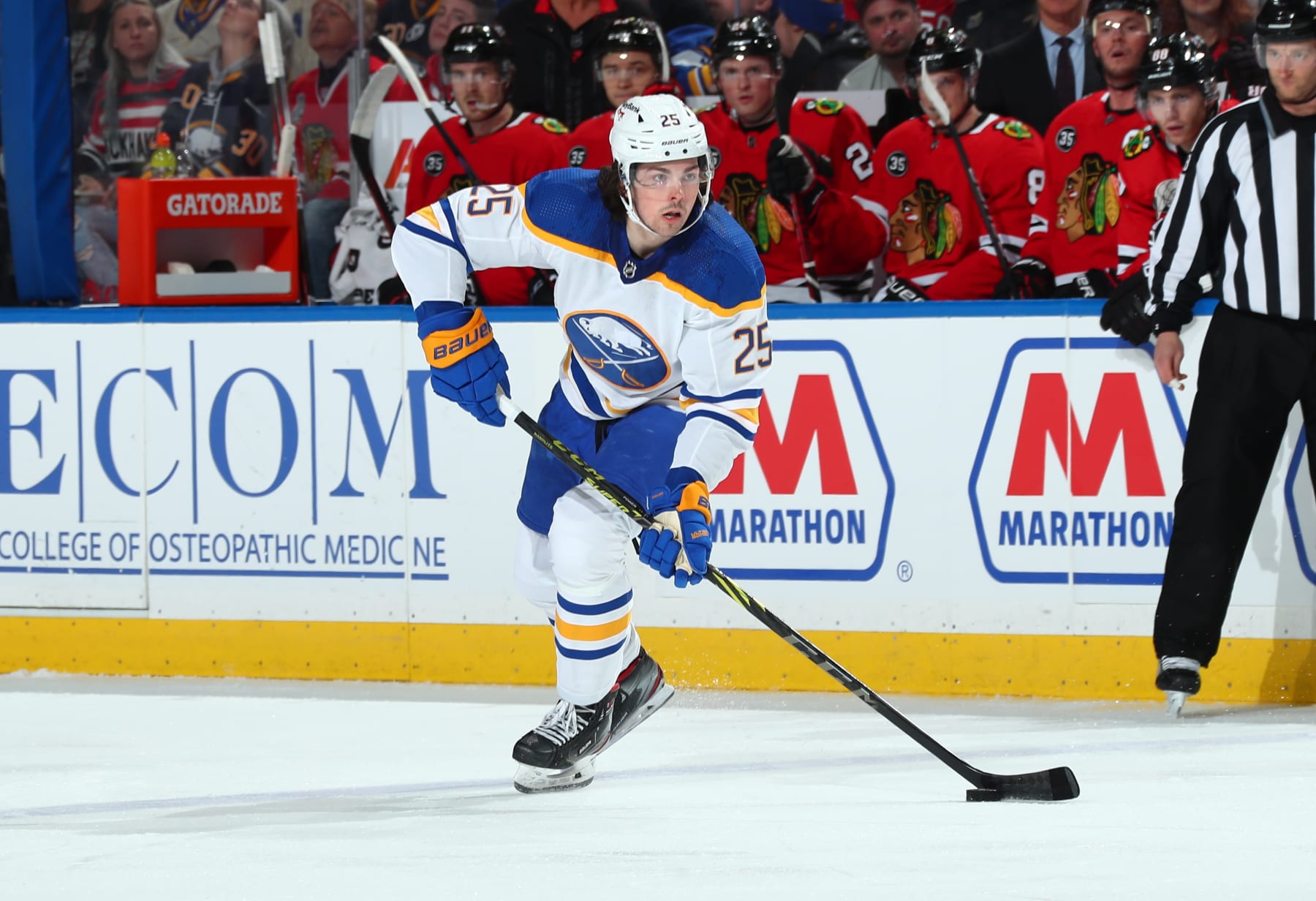 BUFFALO, NY - APRIL 29: Owen Power #25 of the Buffalo Sabres controls the puck against the Chicago Blackhawks during an NHL game on April 29, 2022 at KeyBank Center in Buffalo, New York. (Photo by Bill Wippert/NHLI via Getty Images)