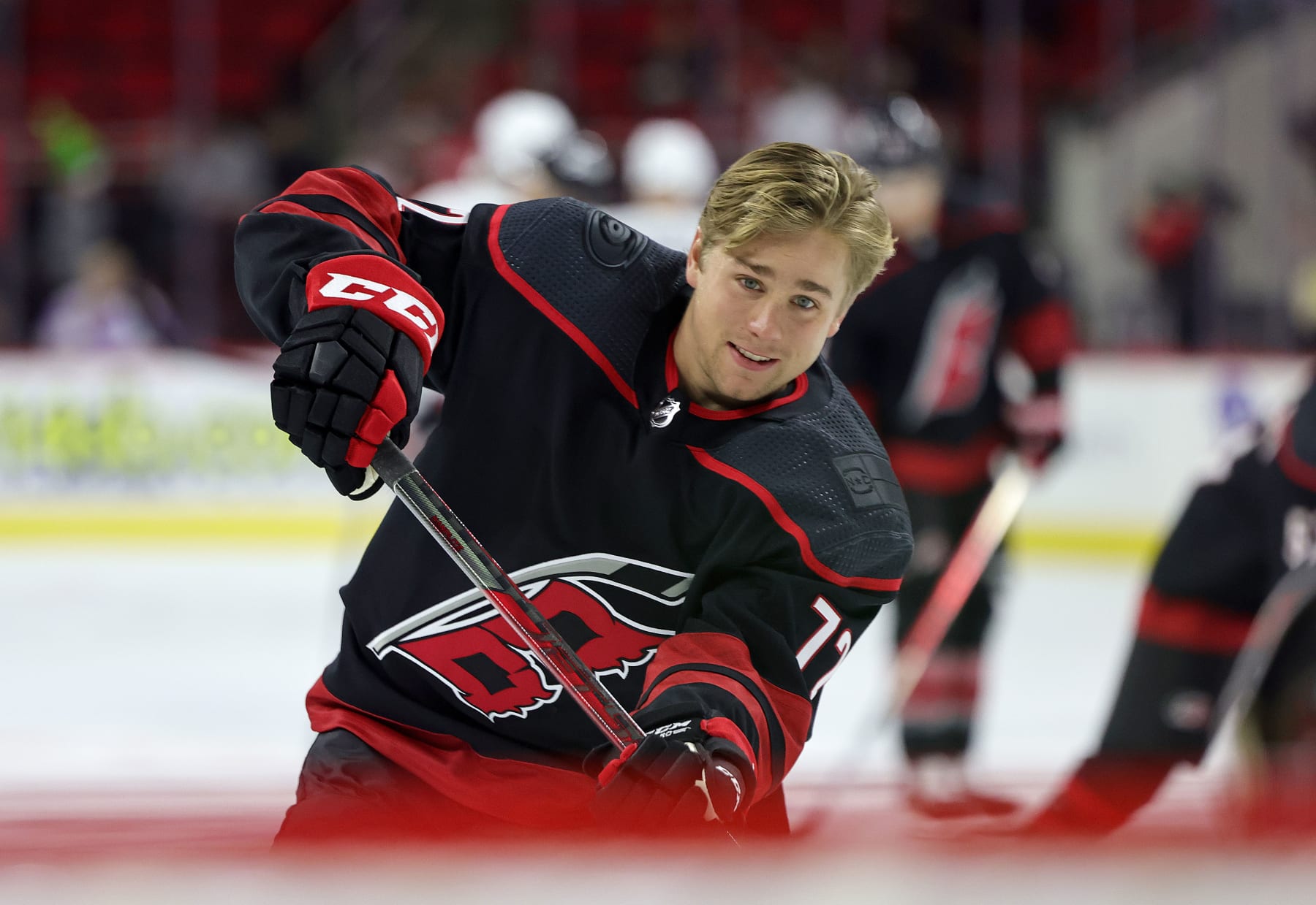 RALEIGH, NC - DECEMBER 18: Jack Drury #72 of the Carolina Hurricanes warms up prior to an NHL game against the Los Angeles Kings on December 18, 2021 at PNC Arena in Raleigh, North Carolina. (Photo by Gregg Forwerck/NHLI via Getty Images)