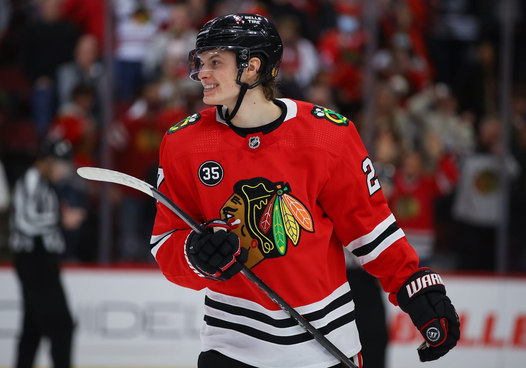 CHICAGO, IL - JANUARY 13: Chicago Blackhawks Left Wing Lukas Reichel (27) looks on after the overtime period during a game between the Montreal Canadiens and the Chicago Blackhawks on January 13, 2022 at the United Center in Chicago, IL. (Photo by Melissa Tamez/Icon Sportswire via Getty Images)
