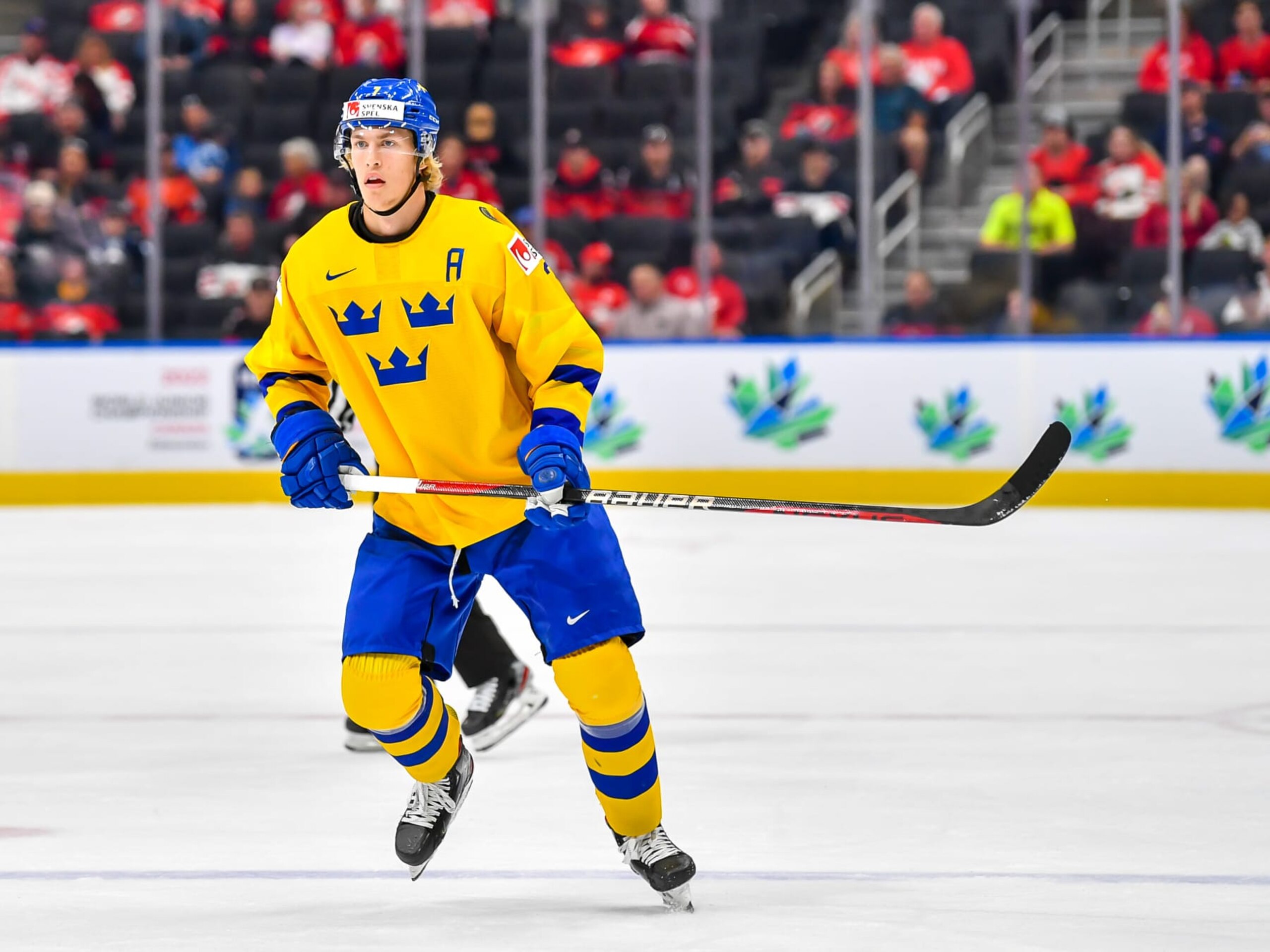 EDMONTON, AB - AUGUST 20: Simon Edvinsson #7 of Sweden skates during first period action against Czechia in the 2022 IIHF World Junior Championship bronze medal game at Rogers Place on August 20, 2022 in Edmonton, Alberta, Canada. (Photo by Andy Devlin/Getty Images)