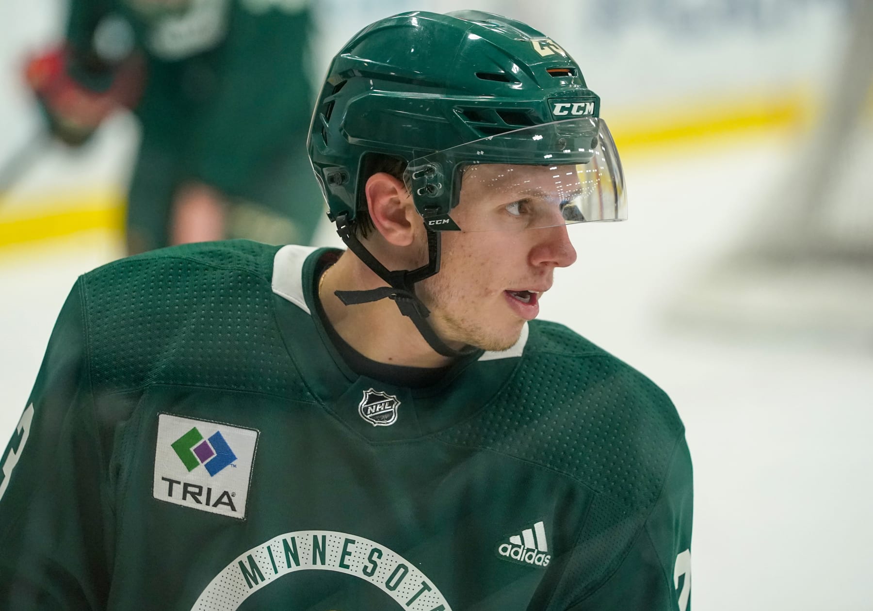 SAINT PAUL, MN - SEPTEMBER 16: Minnesota Wild forward prospect Marco Rossi (23) looks on during Minnesota Wild Development Camp at TRIA Rink in St. Paul, MN September 16, 2021.(Photo by Nick Wosika/Icon Sportswire via Getty Images)