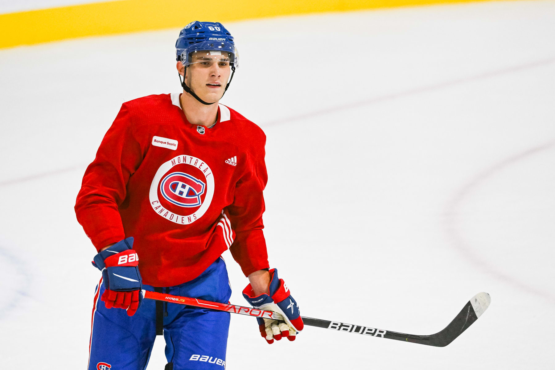 BROSSARD, QC - JULY 12: Look on Montreal Canadiens left wing prospect Juraj Slafkovsky (60) during the Montreal Canadiens Development Camp on July 12, 2022, at Bell Sports Complex in Brossard, QC (Photo by David Kirouac/Icon Sportswire via Getty Images)