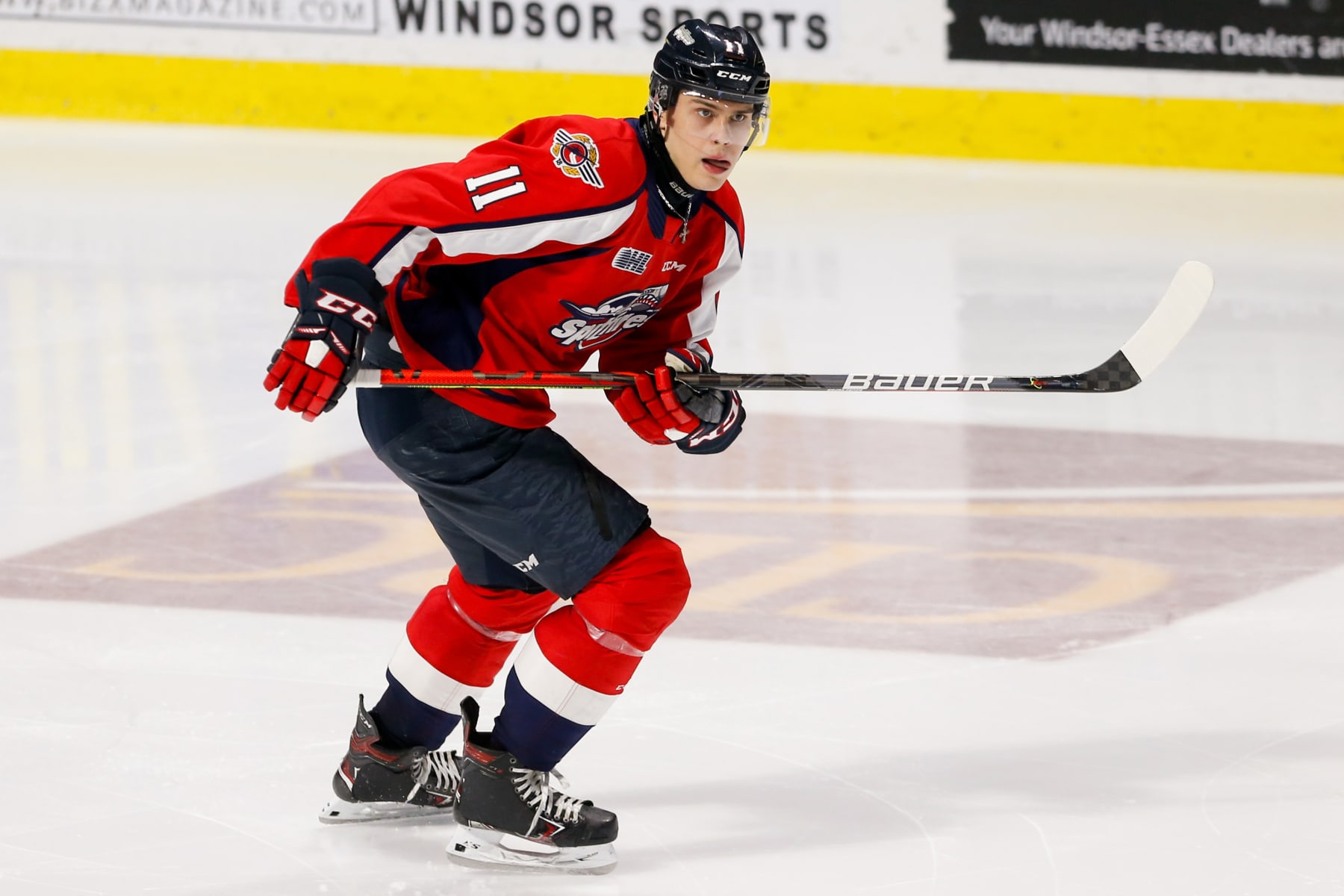 WINDSOR, ONTARIO - FEBRUARY 27: Forward Egor Afansyev #11 of the Windsor Spitfires skates against the Sault Ste Marie Greyhounds at the WFCU Centre on February 27, 2020 in Windsor, Ontario, Canada. (Photo by Dennis Pajot/Getty Images)