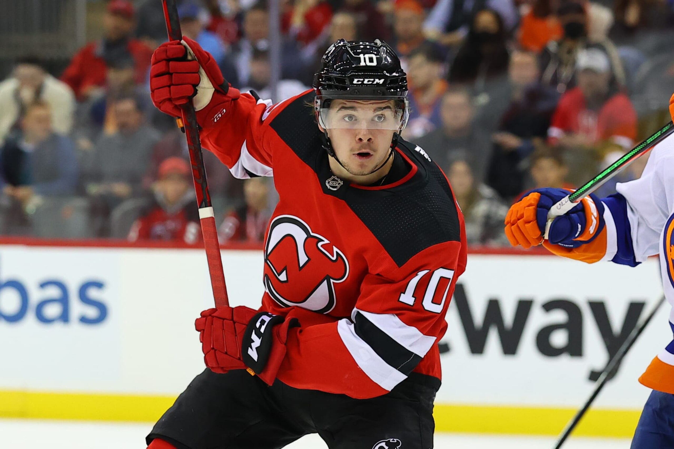 NEWARK, NJ - NOVEMBER 11:  New Jersey Devils right wing Alexander Holtz (10) during the second period of the National Hockey League game between the New Jersey Devils and the New York Islanders on November 11, 2021 at the Prudential Center in Newark, NJ.   (Photo by Rich Graessle/Icon Sportswire via Getty Images)