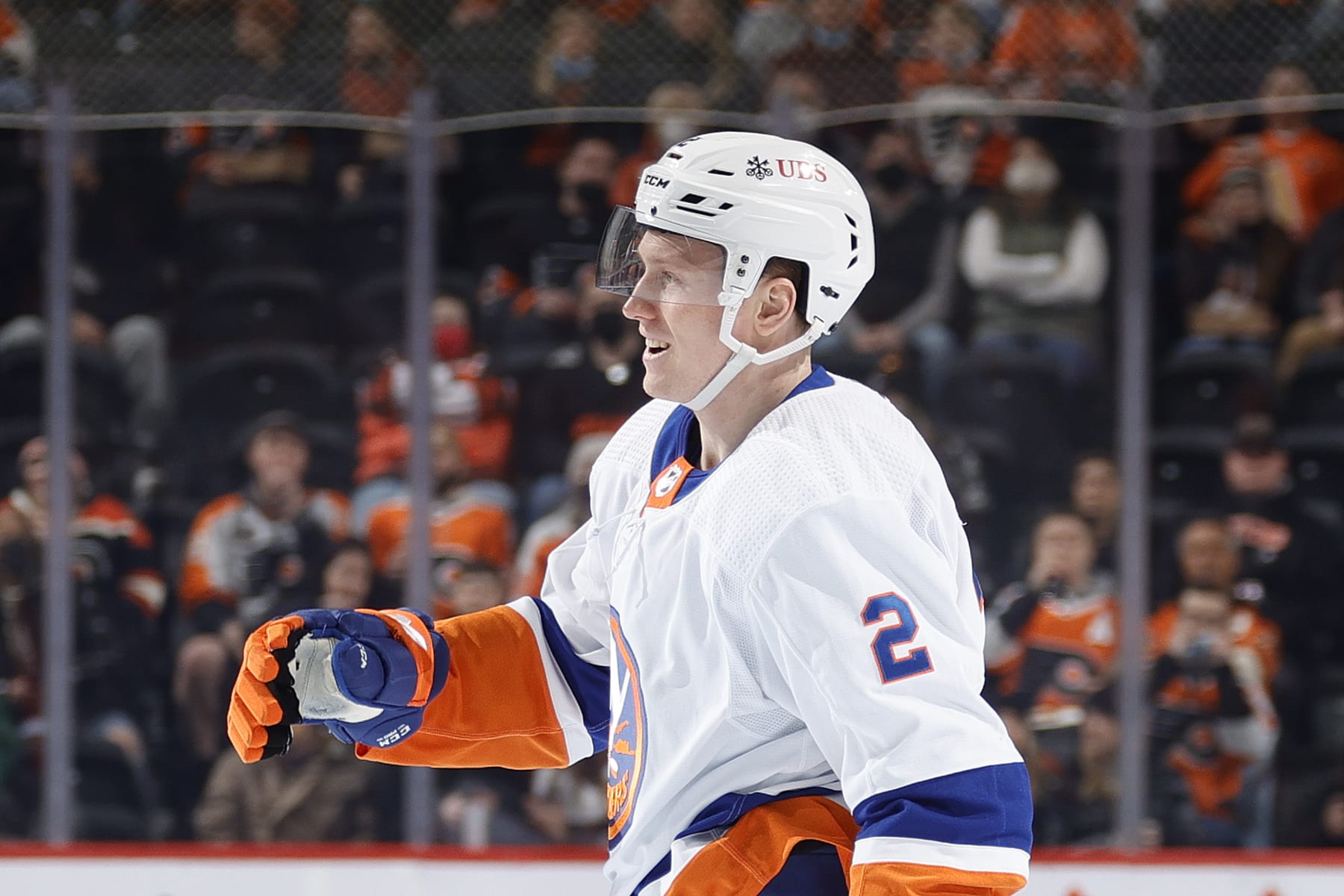 PHILADELPHIA, PENNSYLVANIA - JANUARY 18: Robin Salo #2 of the New York Islanders celebrates after scoring during the first period against the Philadelphia Flyers at Wells Fargo Center on January 18, 2022 in Philadelphia, Pennsylvania. (Photo by Tim Nwachukwu/Getty Images)