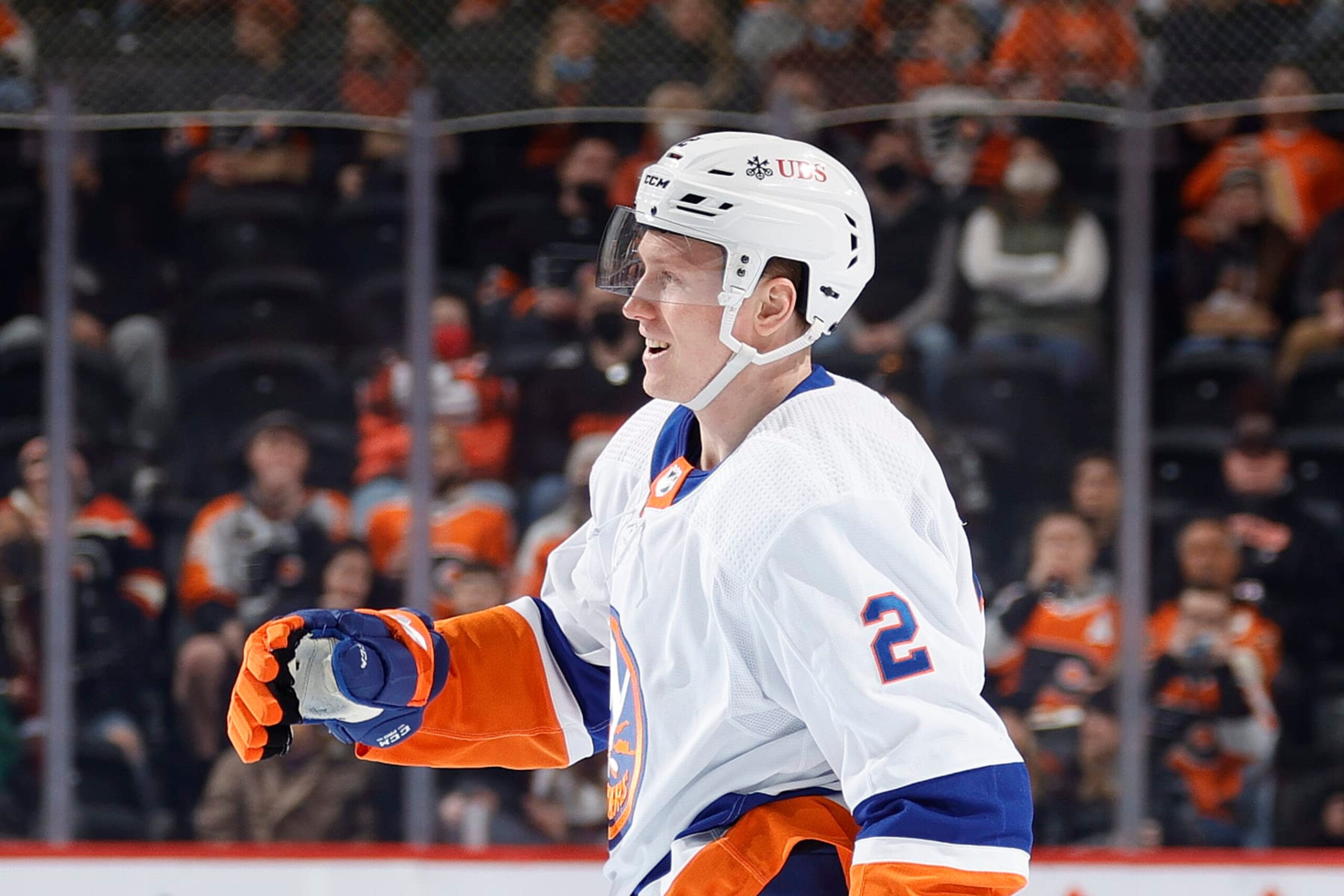 PHILADELPHIA, PENNSYLVANIA - JANUARY 18: Robin Salo #2 of the New York Islanders celebrates after scoring during the first period against the Philadelphia Flyers at Wells Fargo Center on January 18, 2022 in Philadelphia, Pennsylvania. (Photo by Tim Nwachukwu/Getty Images)