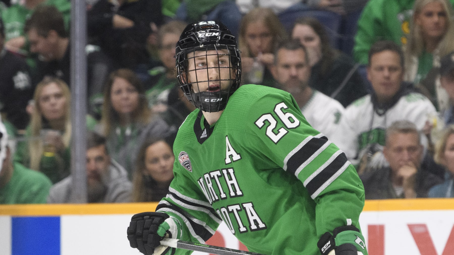 North Dakota defenseman Jake Sanderson plays against Penn State during an NCAA hockey game on Saturday, Oct. 30, 2021, in Nashville, Tenn. (AP Photo/John Amis)