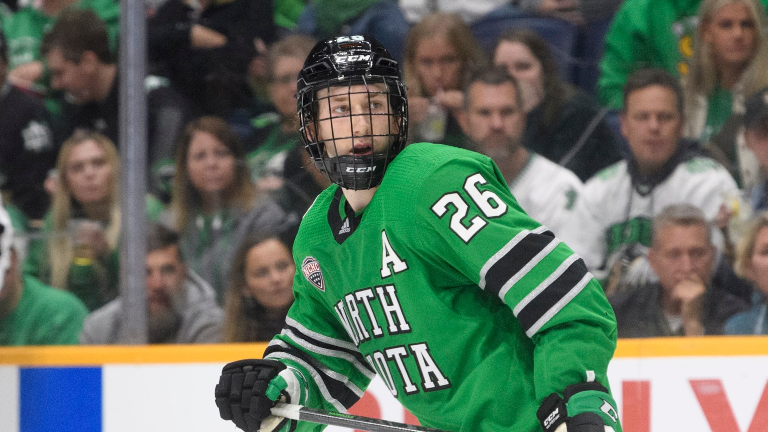 North Dakota defenseman Jake Sanderson plays against Penn State during an NCAA hockey game on Saturday, Oct. 30, 2021, in Nashville, Tenn. (AP Photo/John Amis)
