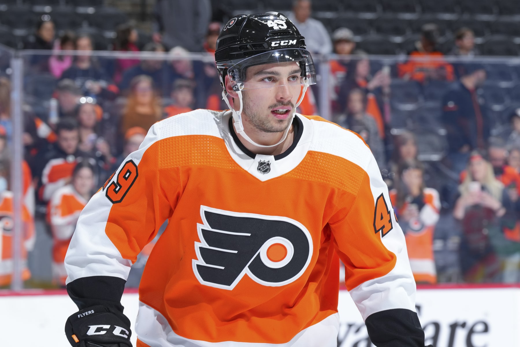 PHILADELPHIA, PA - APRIL 29: Noah Cates #49 of the Philadelphia Flyers looks on prior to the game against the Ottawa Senators at the Wells Fargo Center on April 29, 2022 in Philadelphia, Pennsylvania. (Photo by Mitchell Leff/Getty Images)