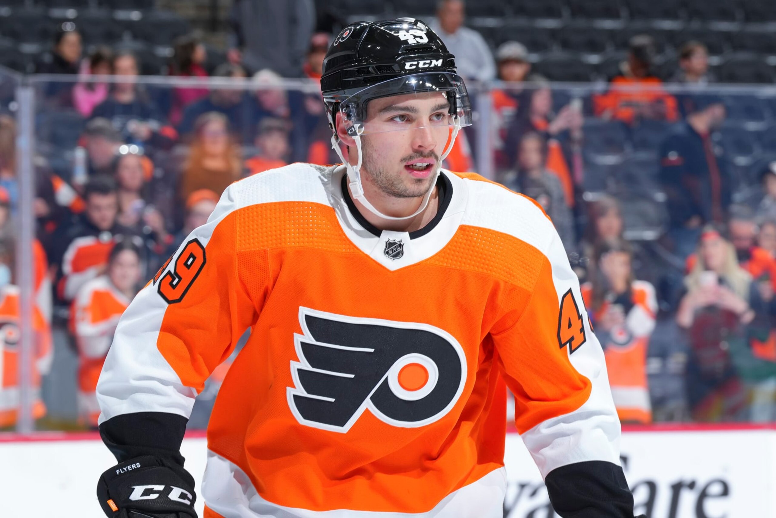 PHILADELPHIA, PA - APRIL 29: Noah Cates #49 of the Philadelphia Flyers looks on prior to the game against the Ottawa Senators at the Wells Fargo Center on April 29, 2022 in Philadelphia, Pennsylvania. (Photo by Mitchell Leff/Getty Images)