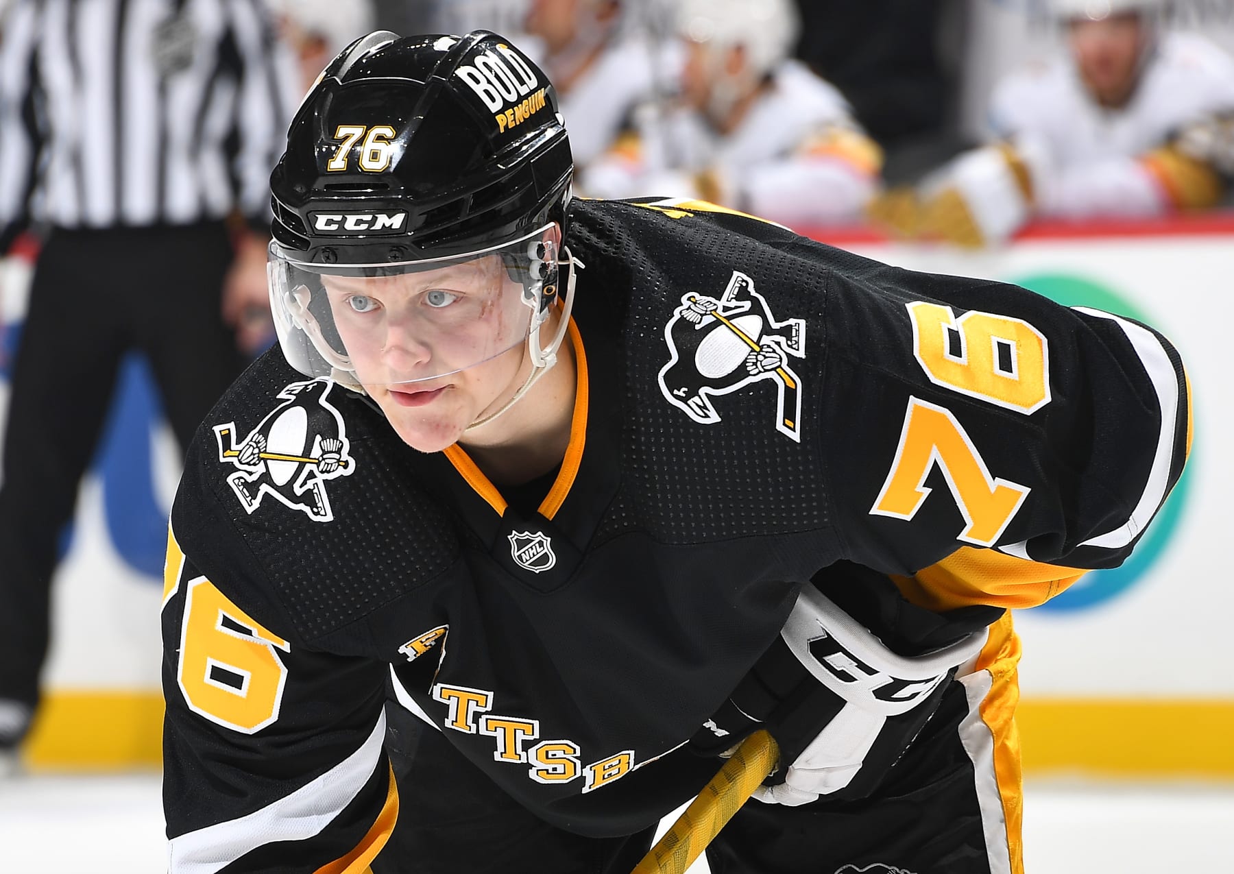 PITTSBURGH, PA - MARCH 11:  Valtteri Puustinen #76 of the Pittsburgh Penguins looks on during his NHL debut against the Vegas Golden Knights at PPG PAINTS Arena on March 11, 2022 in Pittsburgh, Pennsylvania. (Photo by Joe Sargent/NHLI via Getty Images)