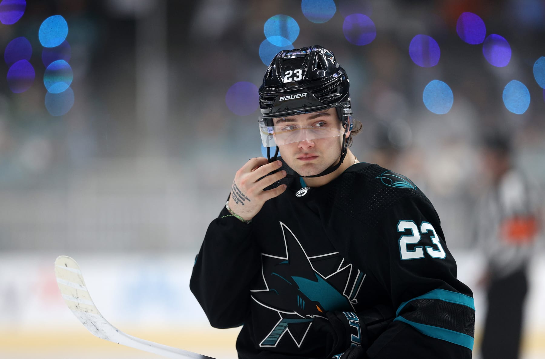 SAN JOSE, CALIFORNIA - APRIL 21: Thomas Bordeleau #23 of the San Jose Sharks puts his helmet on for their game against the St. Louis Blues at SAP Center on April 21, 2022 in San Jose, California. (Photo by Ezra Shaw/Getty Images)