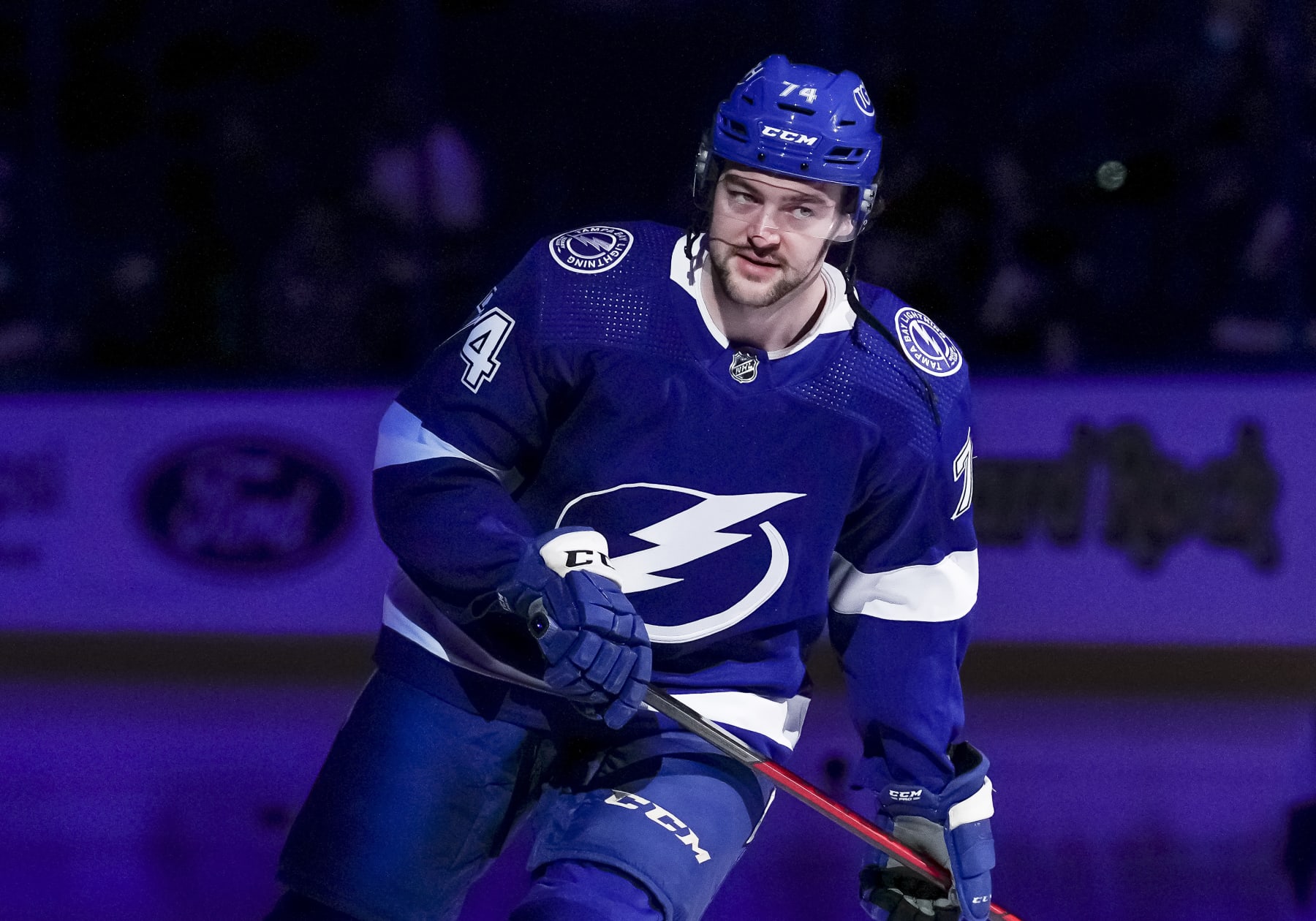TAMPA, FL - DECEMBER 28: Tampa Bay Lightning Defender Sean Day (74) during warm ups of the NHL Hockey match between the Tampa Bay Lightning and Montreal Canadiens on December 28, 2021 at Amalie Arena in Tampa, FL. (Photo by Andrew Bershaw/Icon Sportswire via Getty Images)