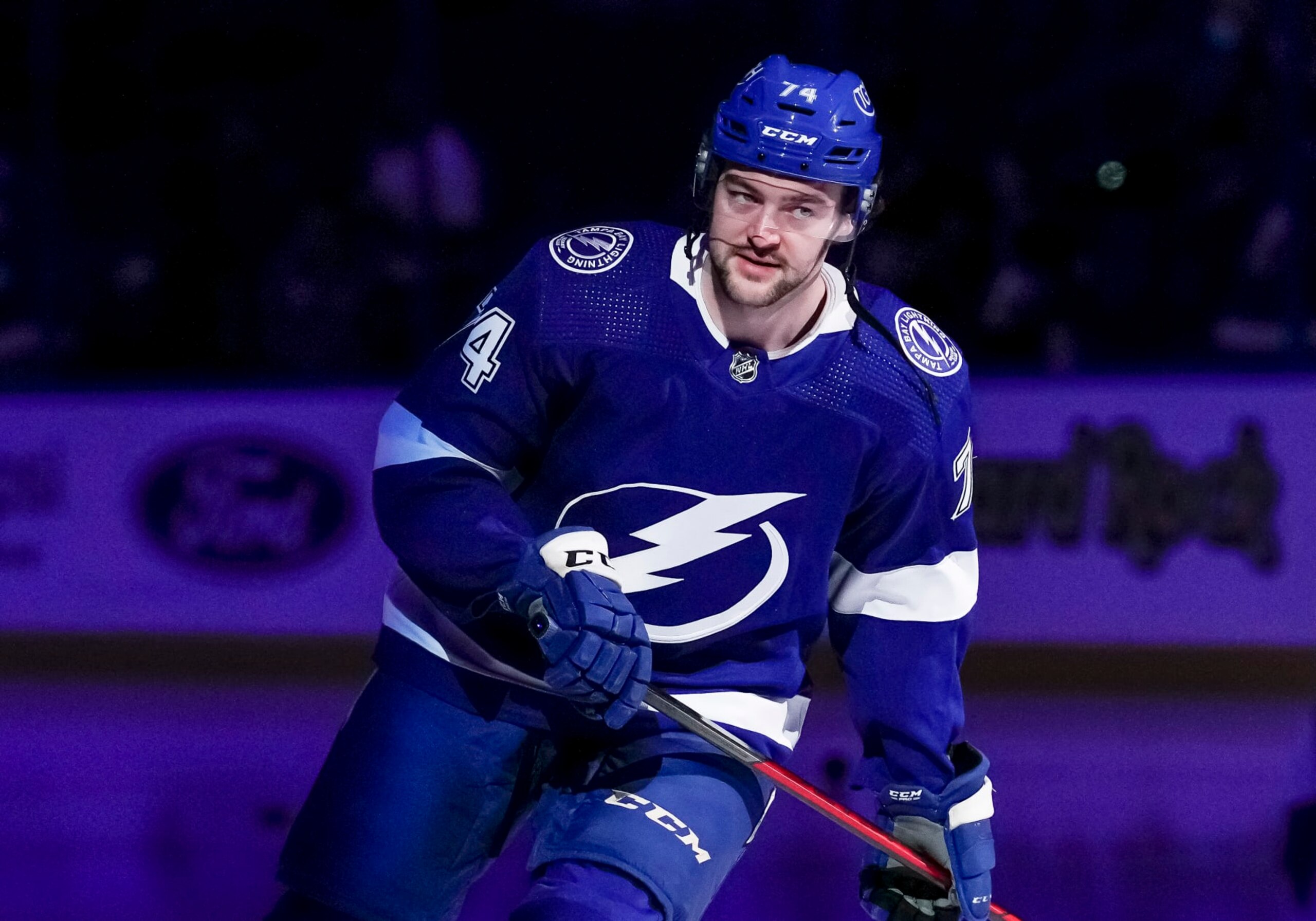 TAMPA, FL - DECEMBER 28: Tampa Bay Lightning Defender Sean Day (74) during warm ups of the NHL Hockey match between the Tampa Bay Lightning and Montreal Canadiens on December 28, 2021 at Amalie Arena in Tampa, FL. (Photo by Andrew Bershaw/Icon Sportswire via Getty Images)
