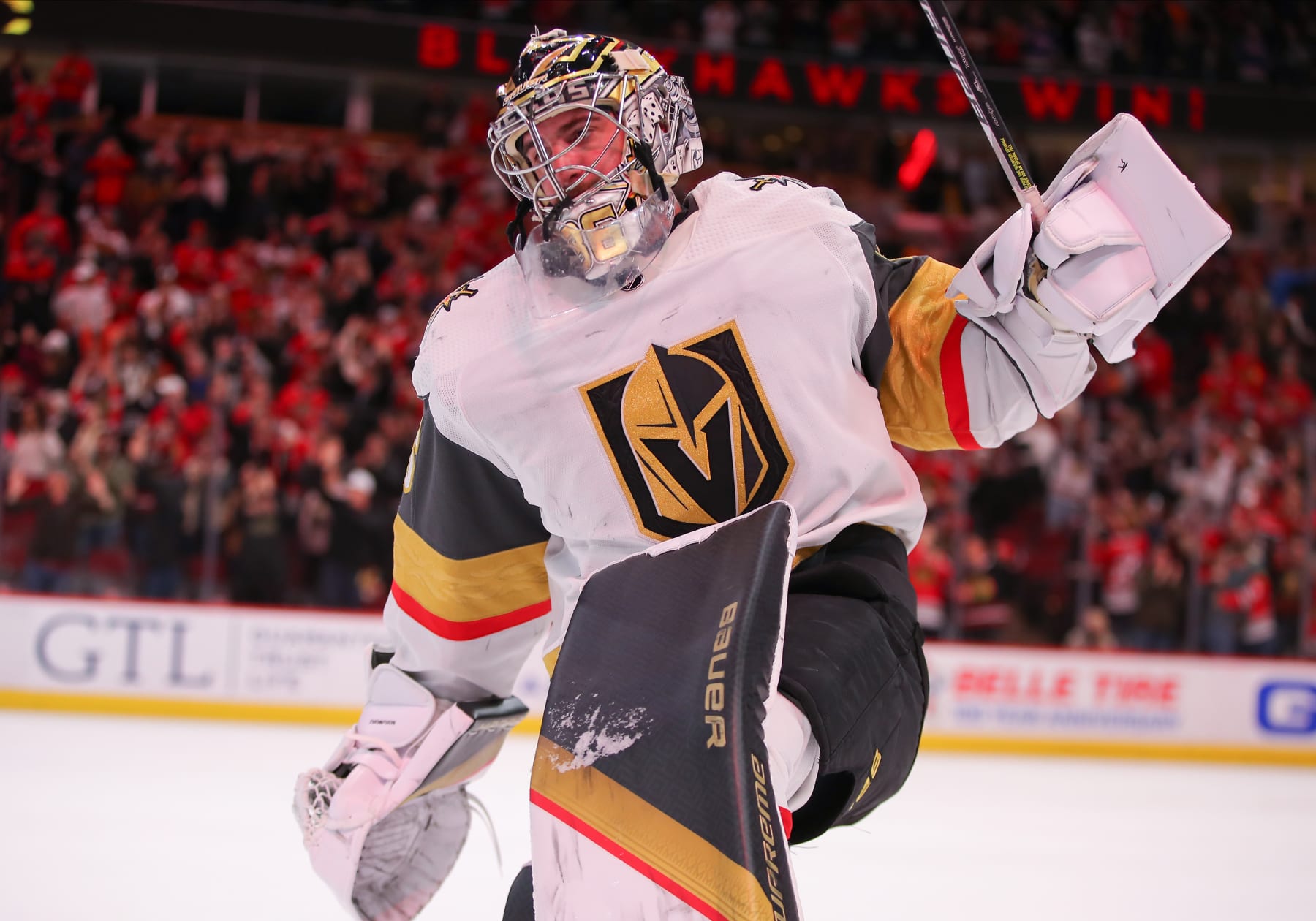 CHICAGO, IL - APRIL 27: Vegas Golden Knights goaltender Logan Thompson (36) skates off the ice after a game between the Vegas Golden Knights and the Chicago Blackhawks on April 27, 2022 at the United Center in Chicago, IL. (Photo by Melissa Tamez/Icon Sportswire via Getty Images)