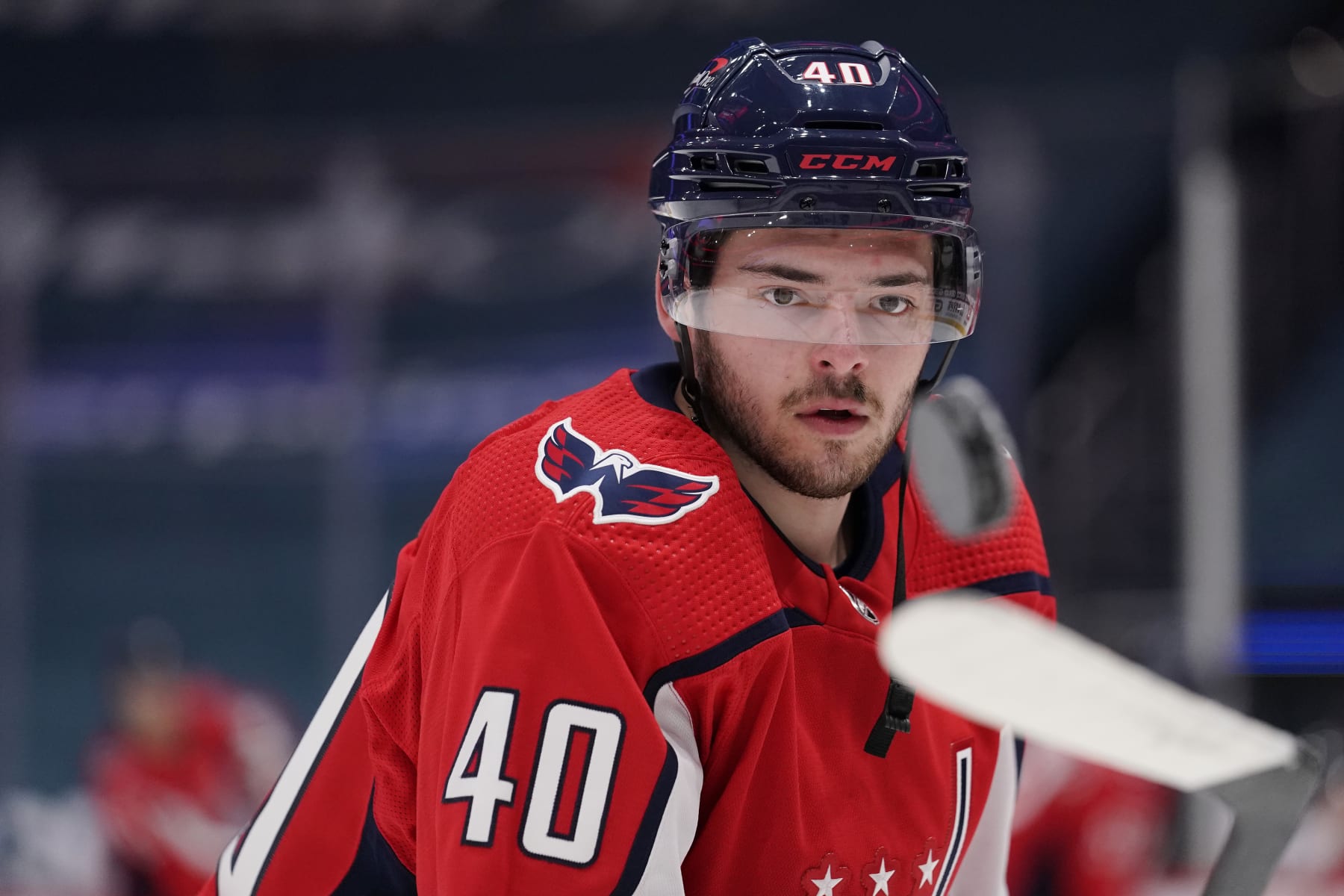 WASHINGTON, DC - MAY 08: Garrett Pilon #40 of the Washington Capitals skates during warmups before a game against the Philadelphia Flyers at Capital One Arena on May 08, 2021 in Washington, DC. (Photo by Patrick McDermott/NHLI via Getty Images)