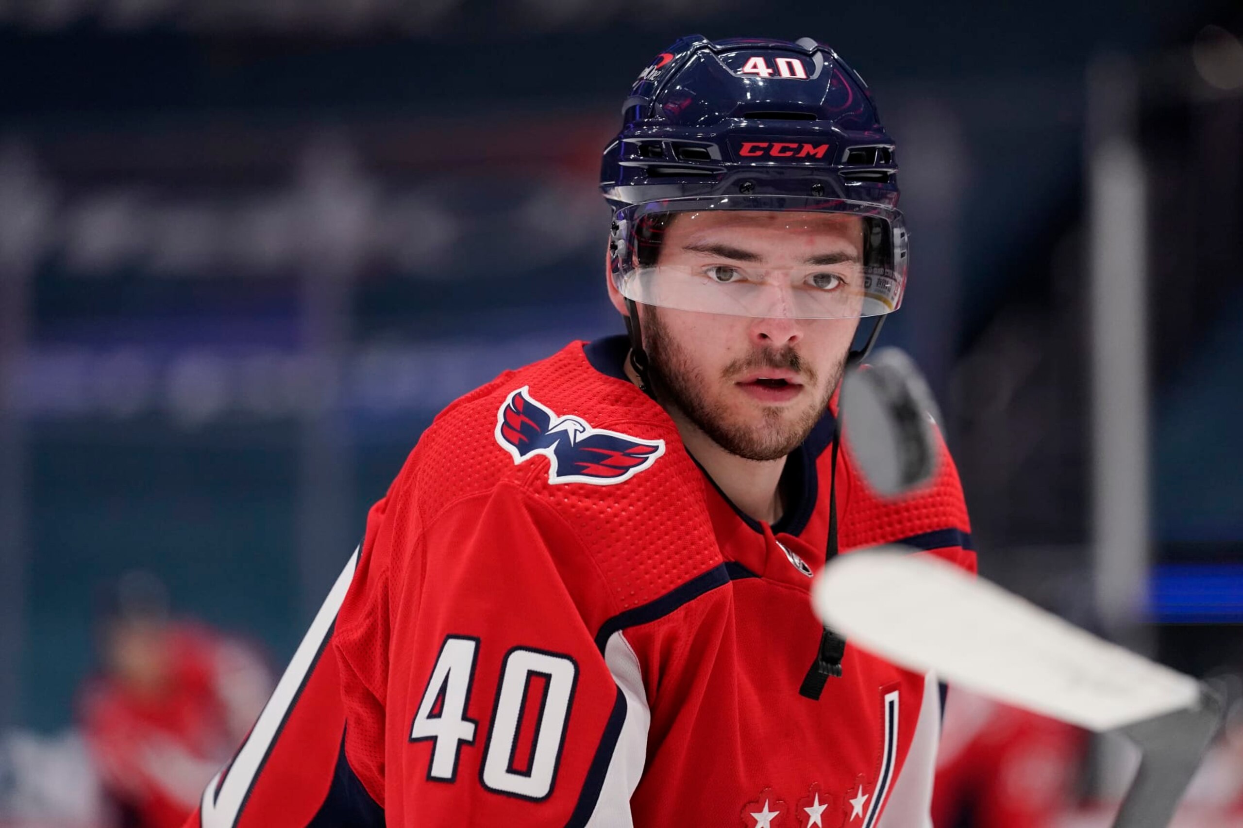 WASHINGTON, DC - MAY 08: Garrett Pilon #40 of the Washington Capitals skates during warmups before a game against the Philadelphia Flyers at Capital One Arena on May 08, 2021 in Washington, DC. (Photo by Patrick McDermott/NHLI via Getty Images)