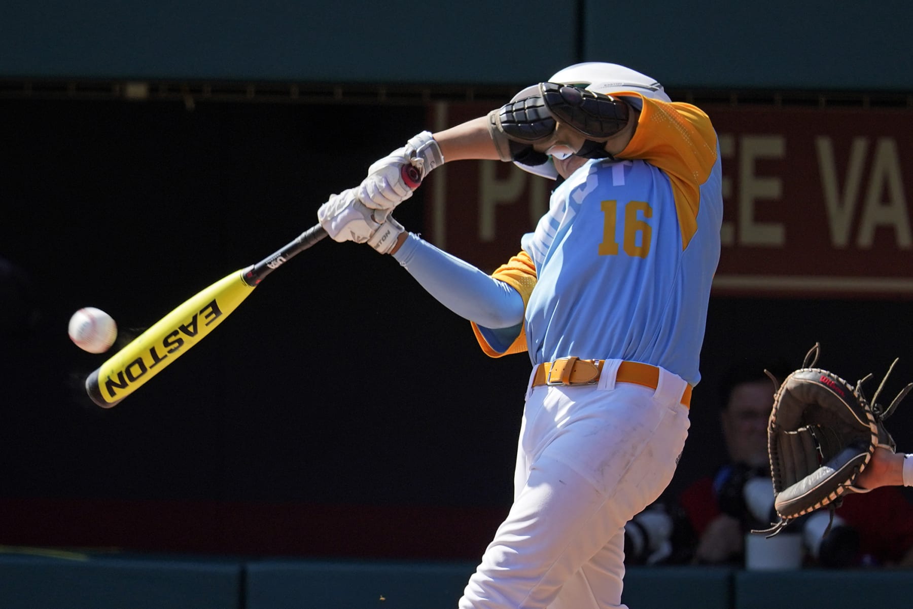 Honolulu's Cohen Sakamoto hits a solo home run during the second inning of a baseball game against Nolensville, Tenn., at the Little League World Series in South Williamsport, Pa., Wednesday, Aug. 24, 2022. It was Sakamoto's second homer of the game, his first being a grand slam in the first inning. Hawaii won 13-0. (AP Photo/Gene J. Puskar)