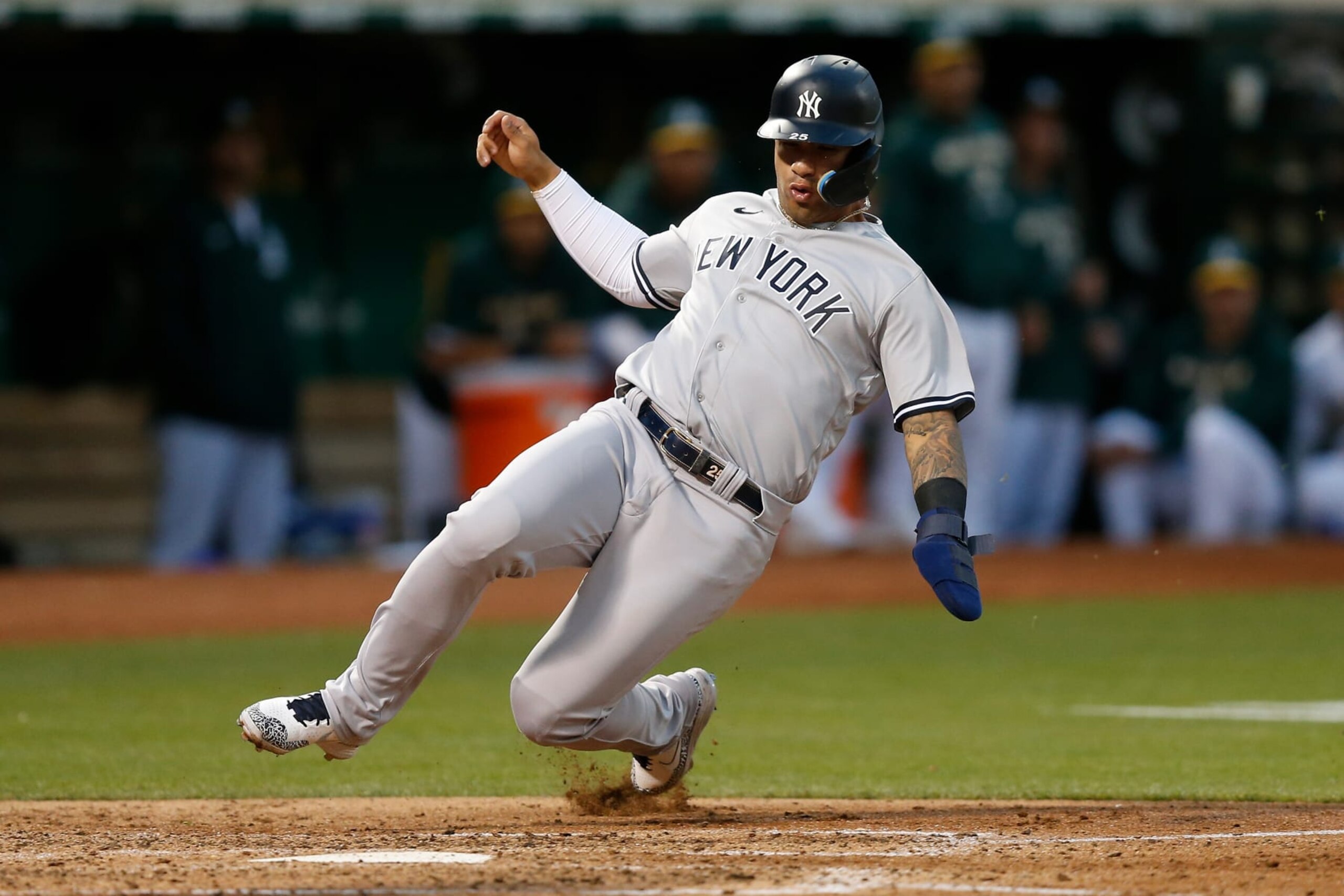 OAKLAND, CALIFORNIA - AUGUST 25: Gleyber Torres #25 of the New York Yankees scores on a double by Josh Donaldson in the top of the third inning against the Oakland Athletics at RingCentral Coliseum on August 25, 2022 in Oakland, California. (Photo by Lachlan Cunningham/Getty Images)
