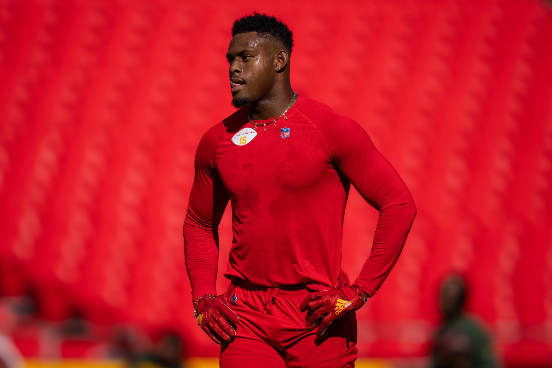 KANSAS CITY, MO - AUGUST 25: JuJu Smith-Schuster #9 of the Kansas City Chiefs stands after running a route in warm ups prior to the preseason game against the Green Bay Packers at Arrowhead Stadium on August 25, 2022 in Kansas City, Missouri. (Photo by Jason Hanna/Getty Images)