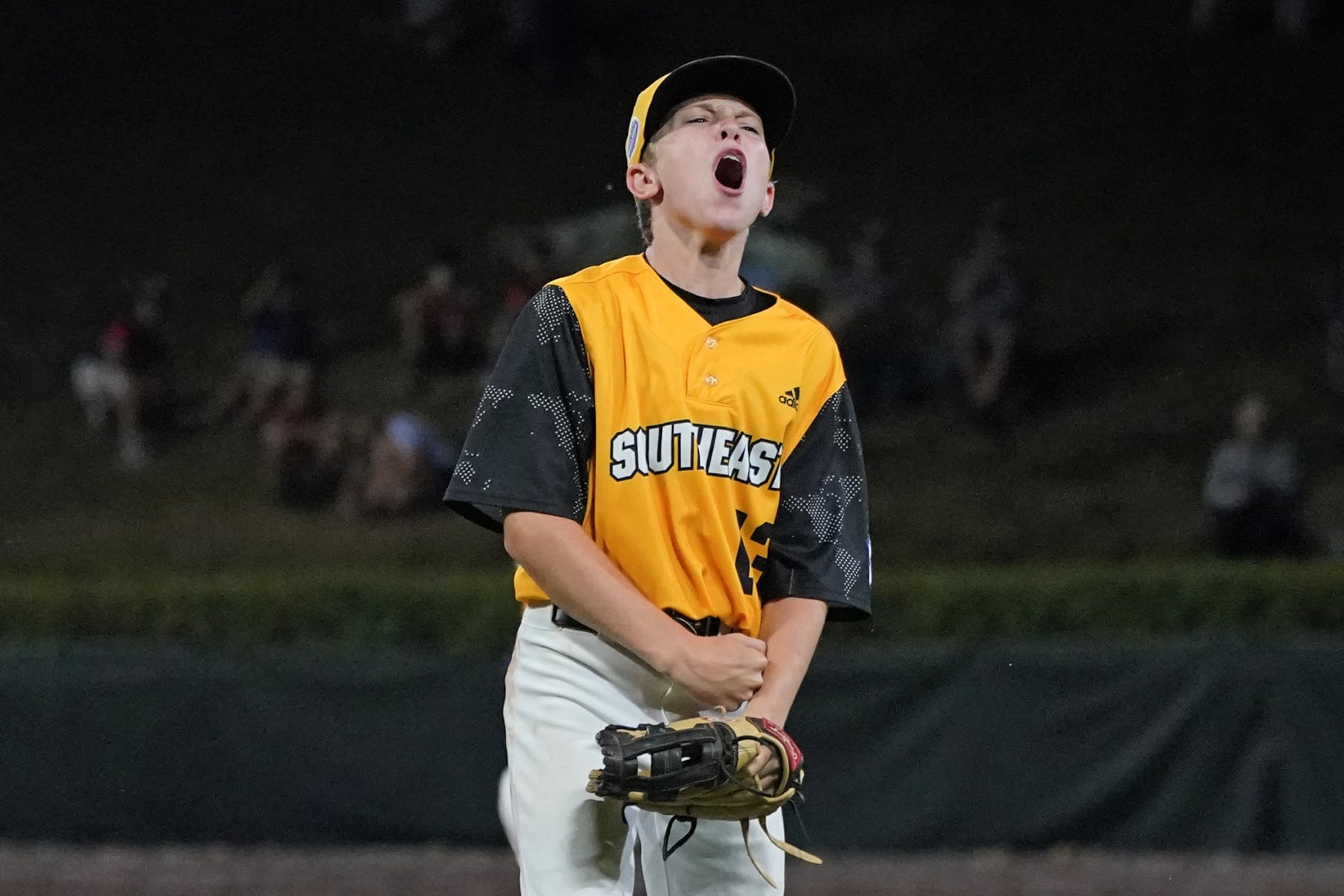 Nolensville, Tenn.'s Drew Chadwick celebrates getting the final out of a win over Pearland, Texas, in a baseball game at the Little League World Series in South Williamsport, Pa., Thursday, Aug. 25, 2022. (AP Photo/Gene J. Puskar)