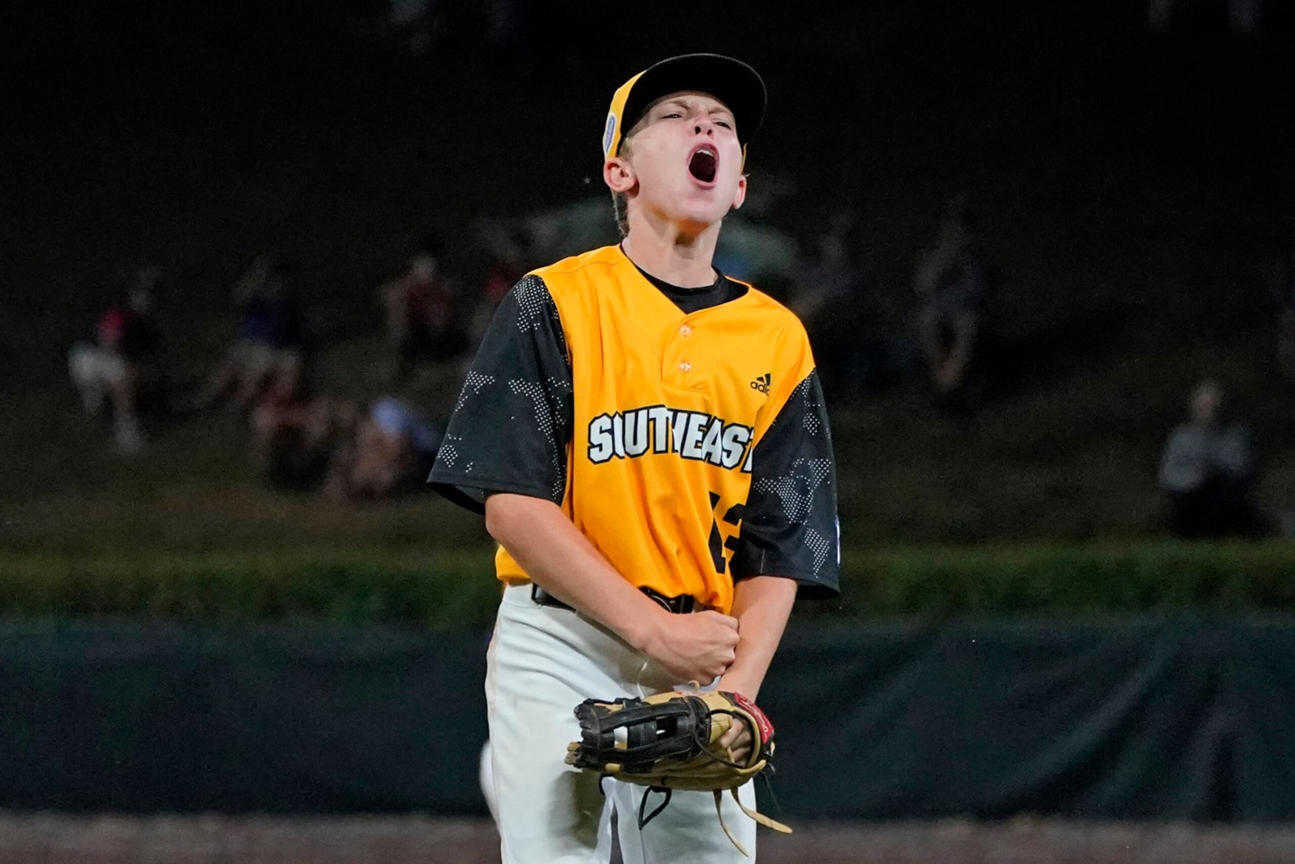 Nolensville, Tenn.'s Drew Chadwick celebrates getting the final out of a win over Pearland, Texas, in a baseball game at the Little League World Series in South Williamsport, Pa., Thursday, Aug. 25, 2022. (AP Photo/Gene J. Puskar)