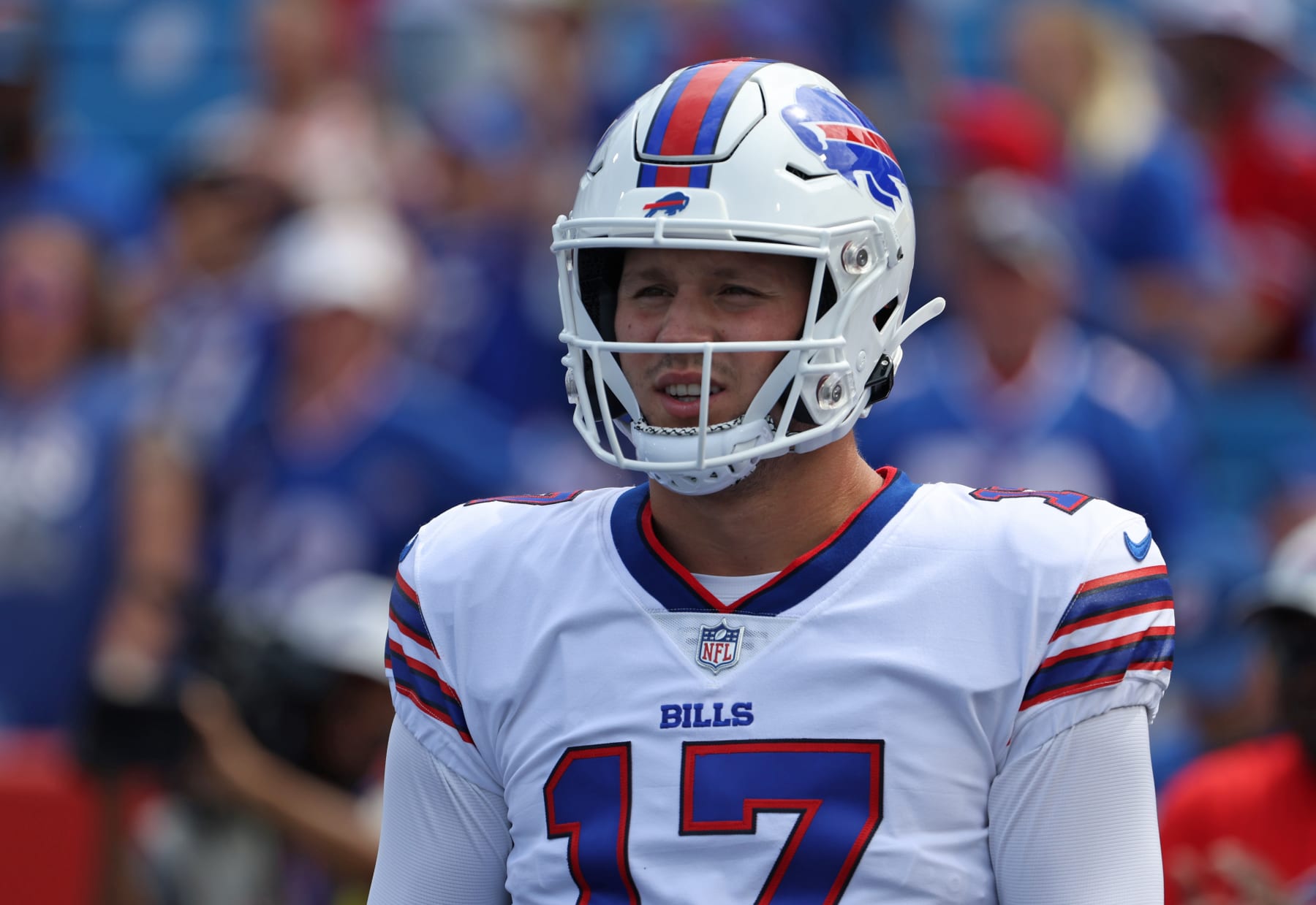 ORCHARD PARK, NY - AUGUST 20: Josh Allen #17 of the Buffalo Bills before a preseason game against the Denver Broncos at Highmark Stadium on August 20, 2022 in Orchard Park, New York. (Photo by Timothy T Ludwig/Getty Images)