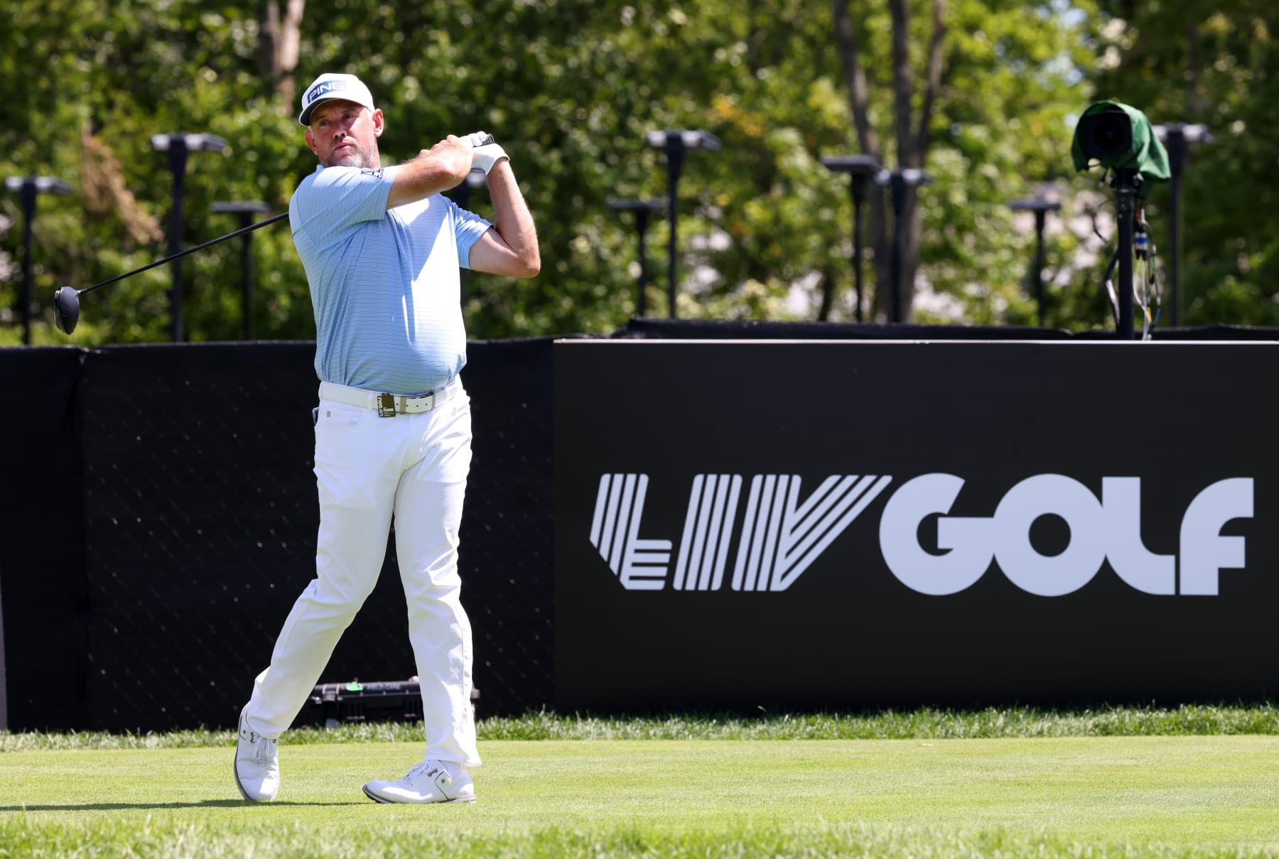BEDMINSTER, NEW JERSEY - JULY 30: Team Captain Lee Westwood of Majesticks GC plays his shot from the third tee during day two of the LIV Golf Invitational - Bedminster at Trump National Golf Club Bedminster on July 30, 2022 in Bedminster, New Jersey. (Photo by Chris Trotman/LIV Golf via Getty Images)